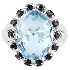Blauer Topas Ring Schwarzer Spinell 12,4 Karat Sterling Silber