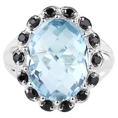Blue Topaz Ring Black Spinel 12.4 Carats Sterling Silver