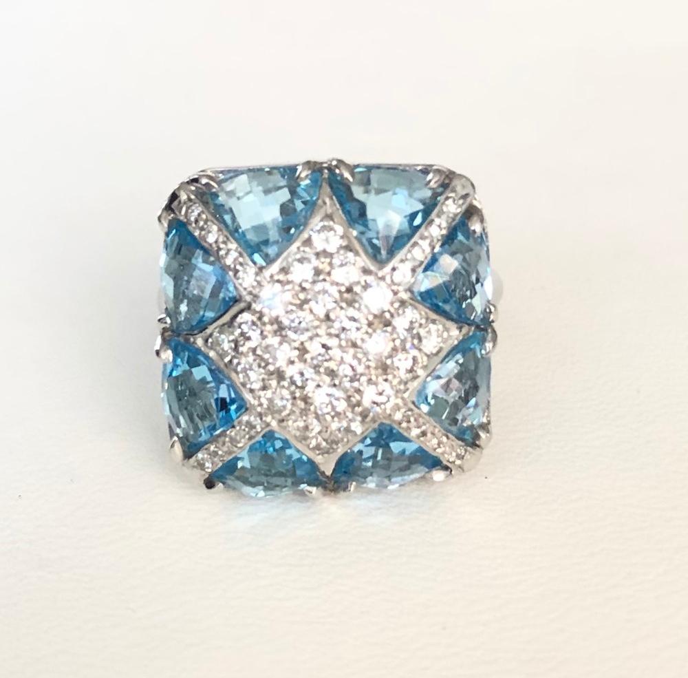 Trillion Cut Blue Topaz and Diamond Designer Ring For Sale