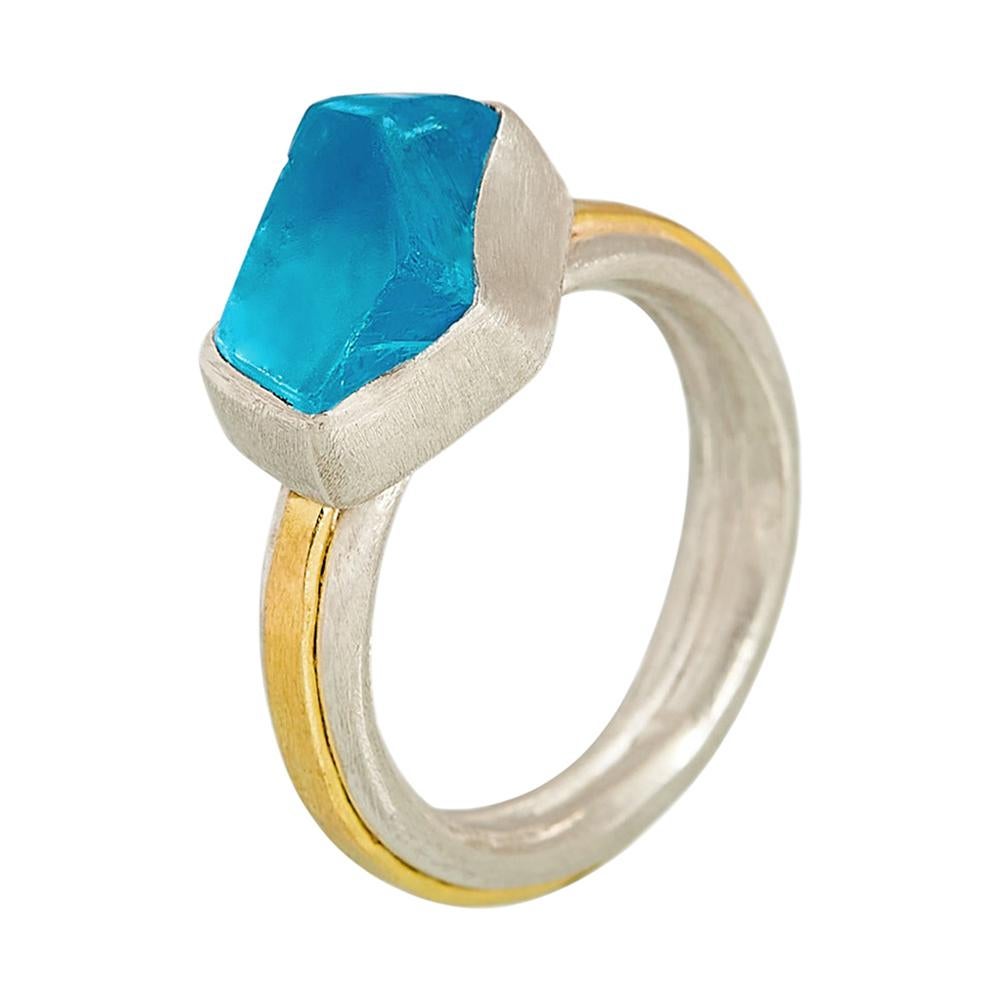 Blue Topaz Ring in Silver and 18 Karat Gold For Sale