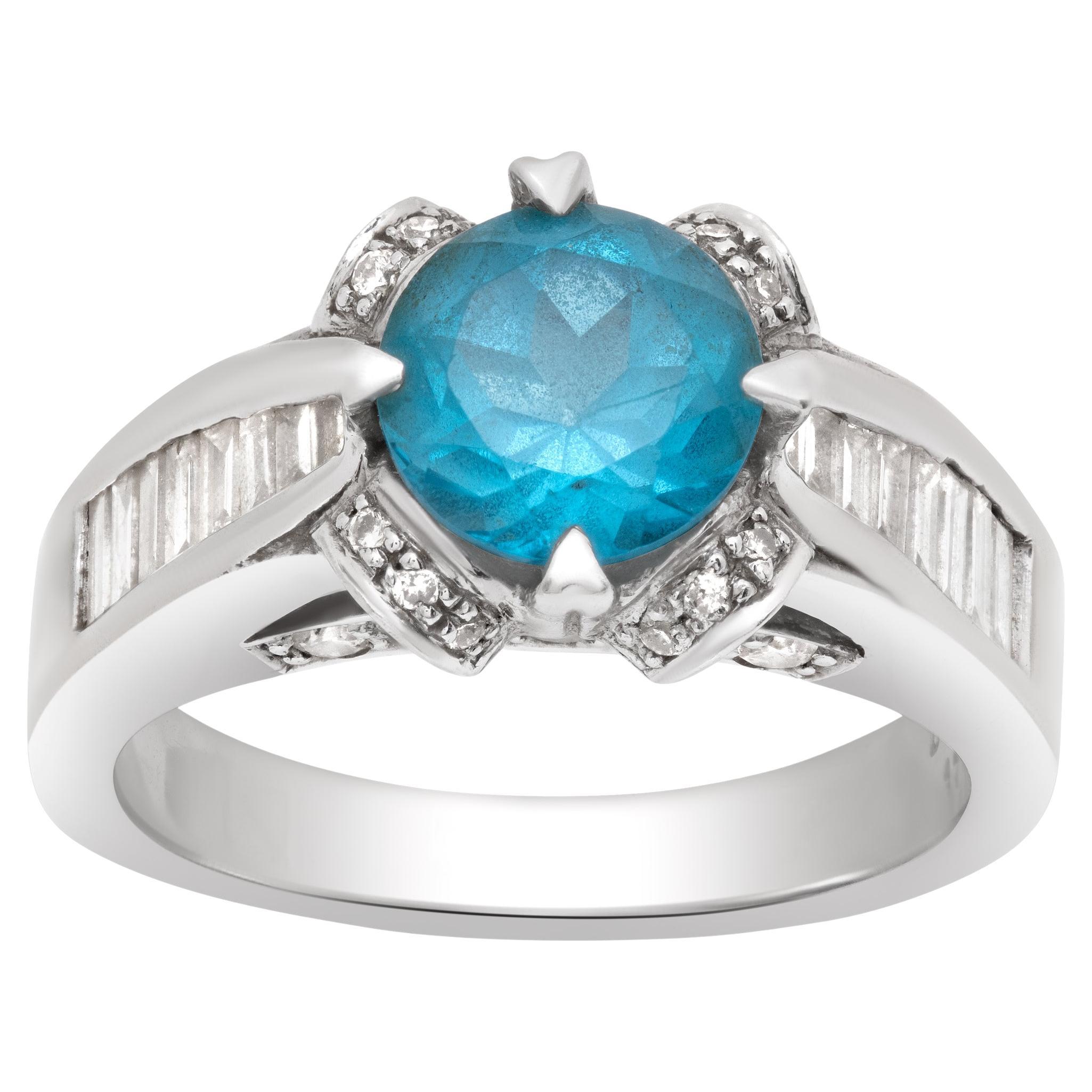 Blue Topaz Ring Set in 14k White Gold with Diamond Accents For Sale