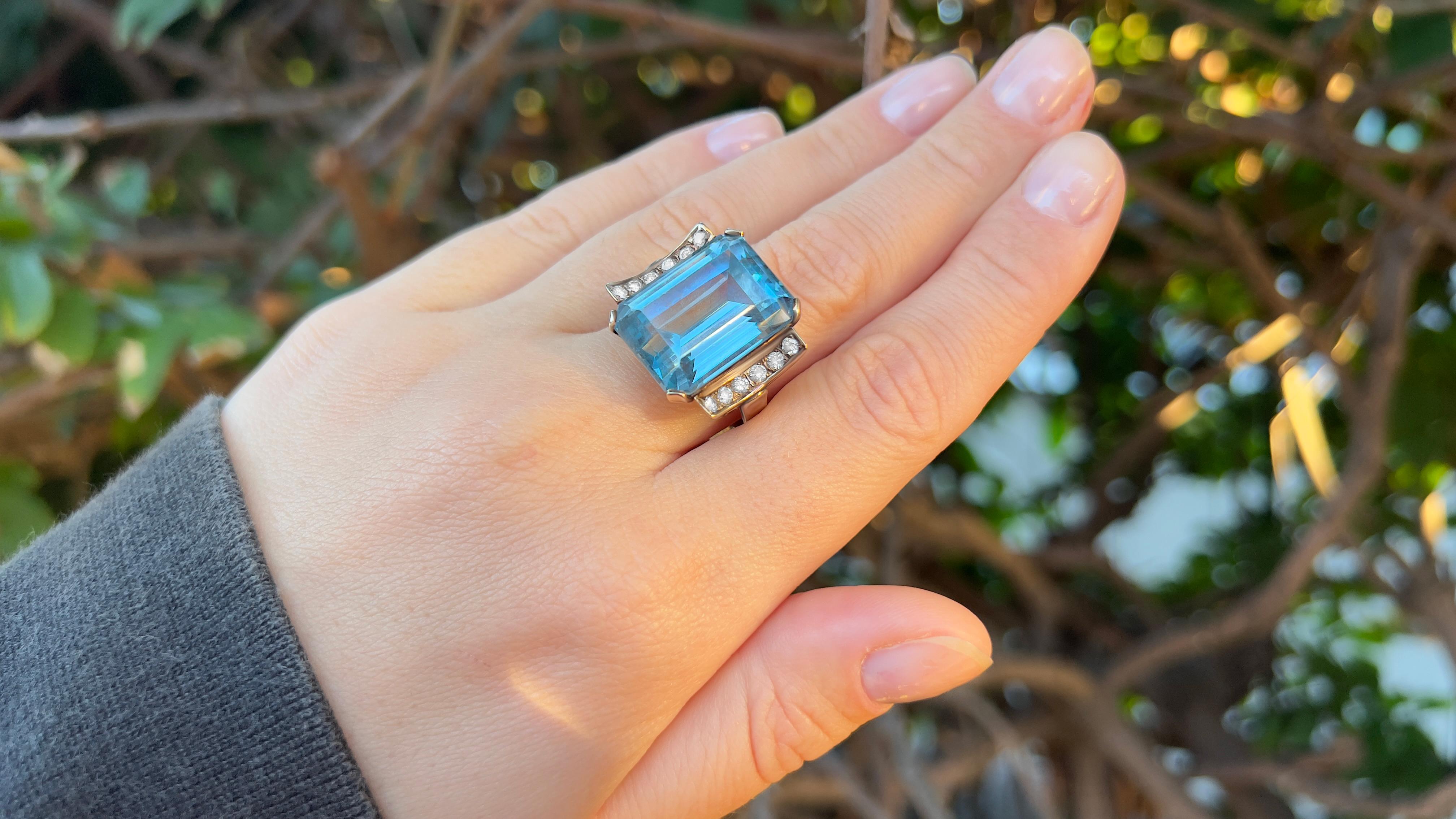 Emerald Cut Blue Topaz Ring With Diamonds 20.40 Carats 14K Yellow Gold For Sale