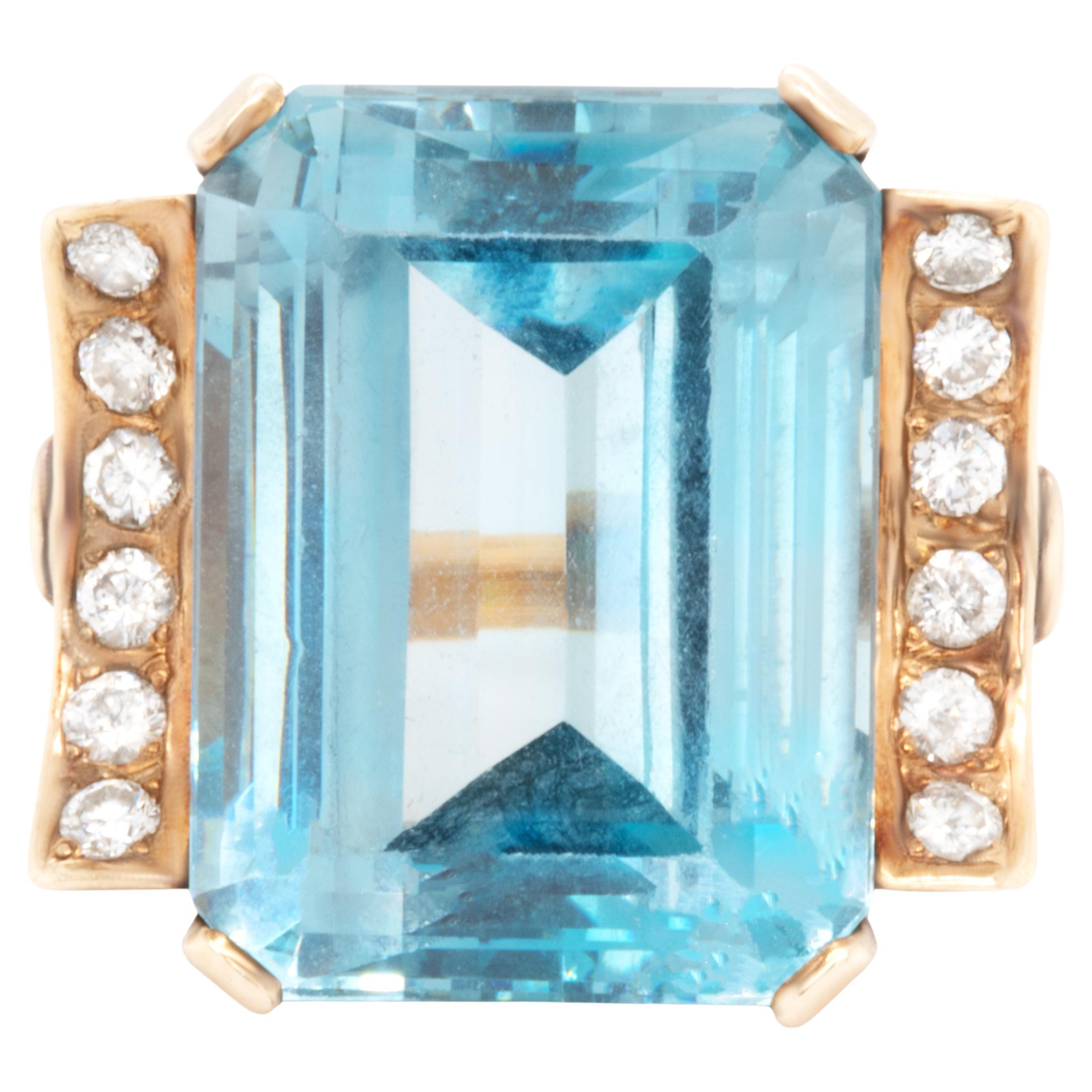 Blue Topaz Ring With Diamonds 20.40 Carats 14K Yellow Gold For Sale