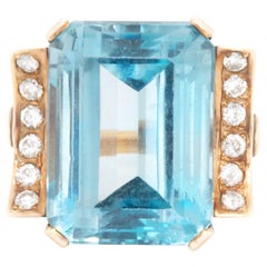 Blue Topaz Ring With Diamonds 20.40 Carats 14K Yellow Gold