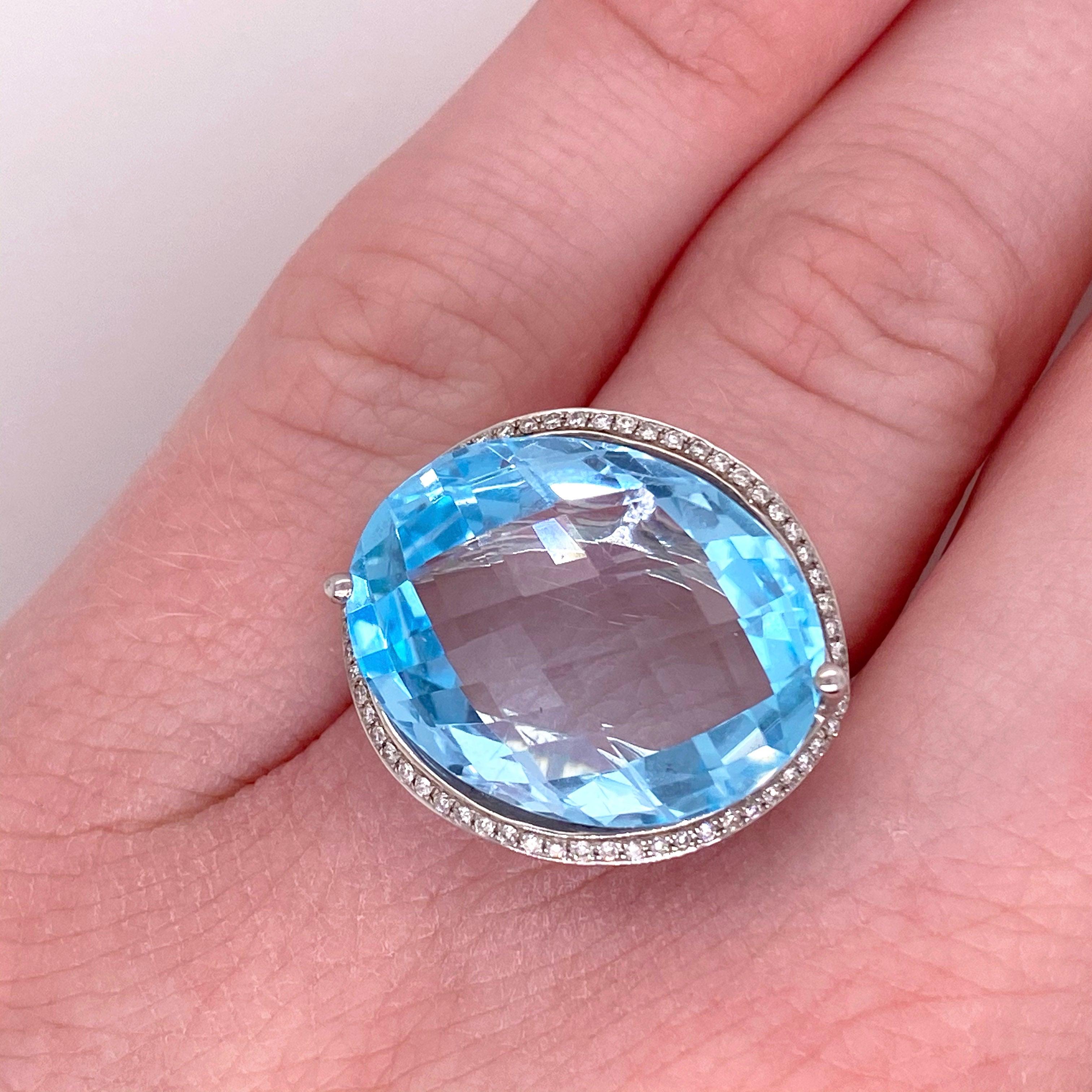 Blue Topaz Ring, with Diamonds White Gold, Genuine Checkerboard Cut Natural Gem 2