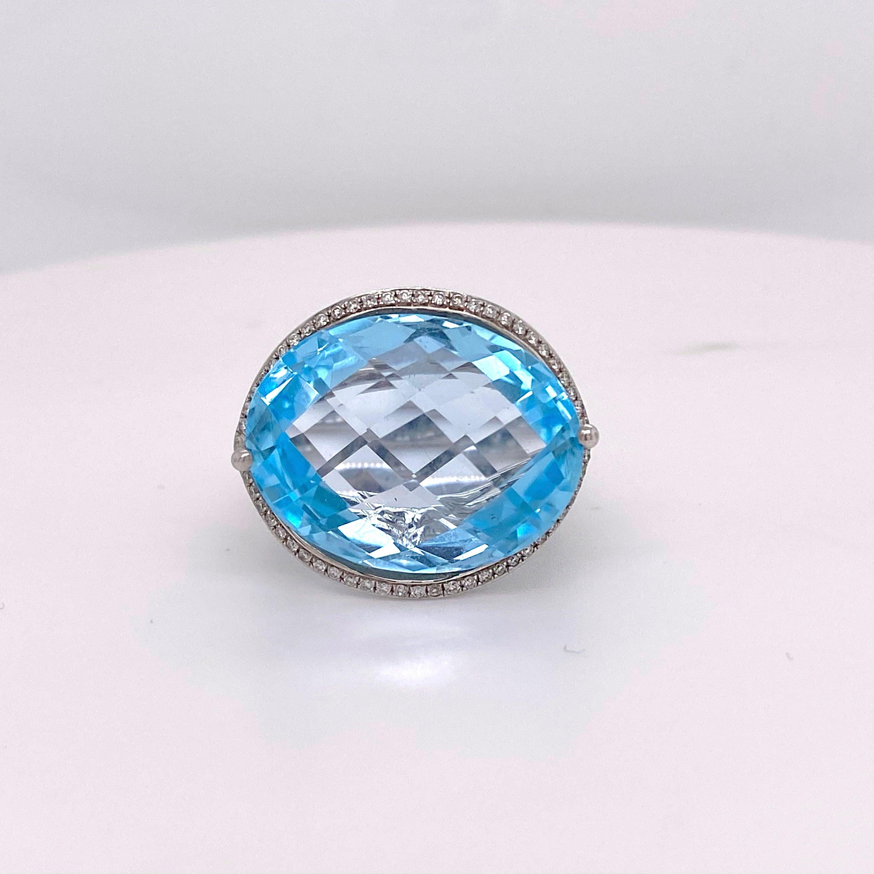 Blue Topaz Ring, with Diamonds White Gold, Genuine Checkerboard Cut Natural Gem 3