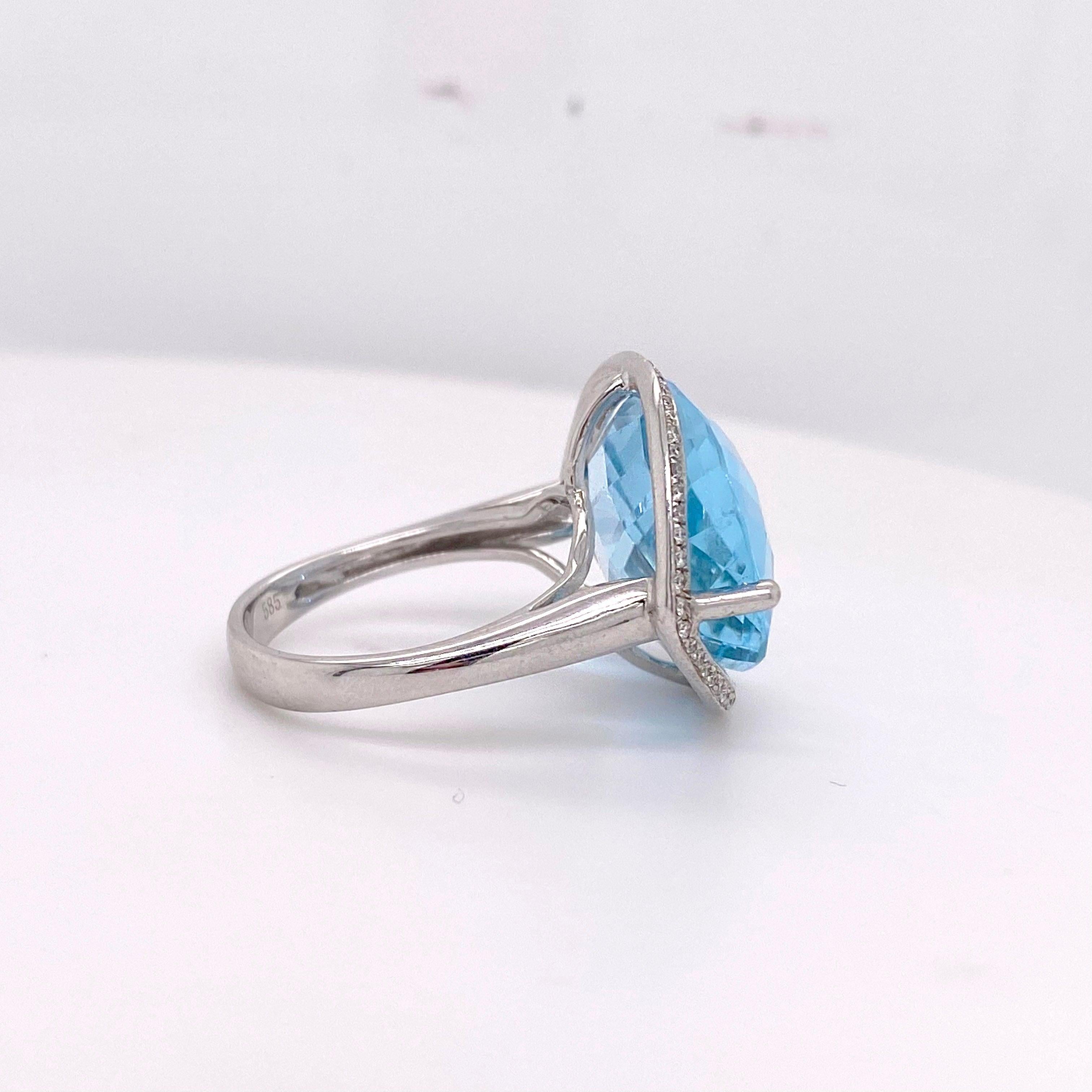 Blue Topaz Ring, with Diamonds White Gold, Genuine Checkerboard Cut Natural Gem 4