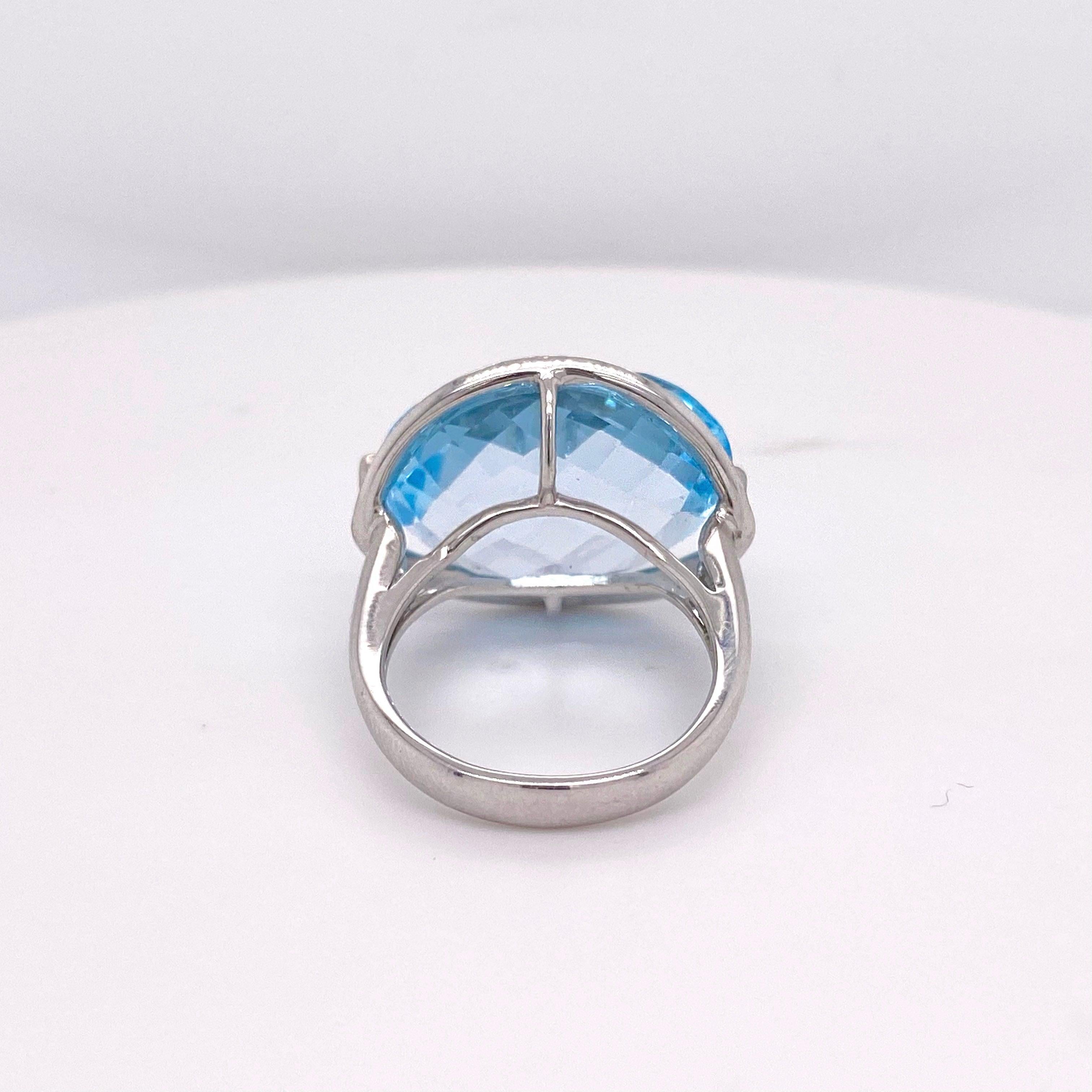 Blue Topaz Ring, with Diamonds White Gold, Genuine Checkerboard Cut Natural Gem 5