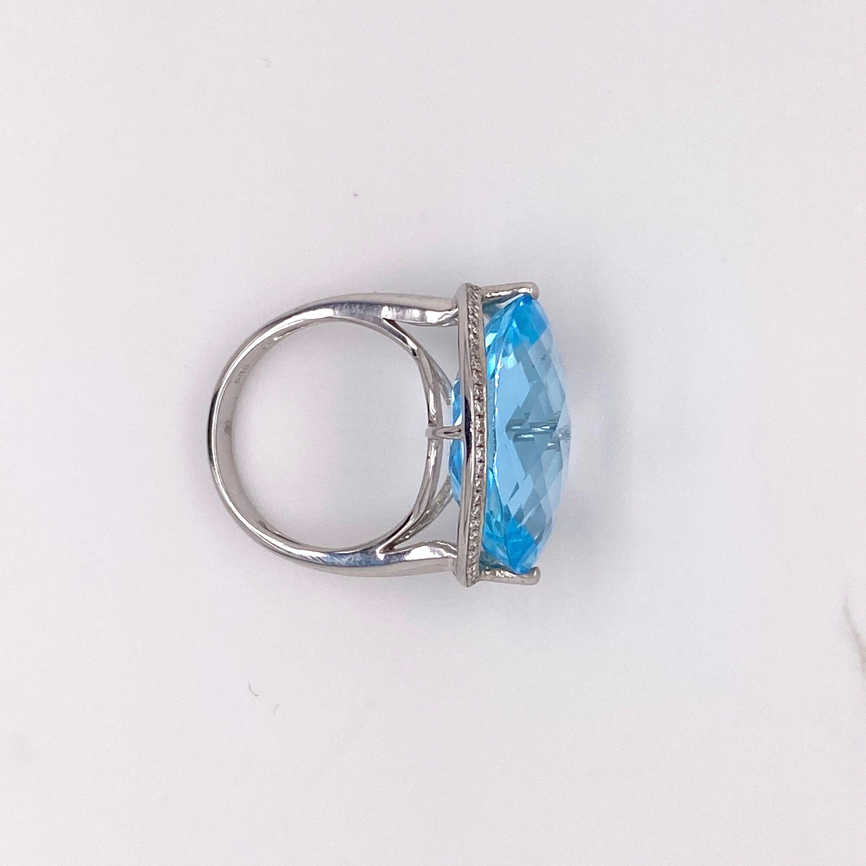 Blue Topaz Ring, with Diamonds White Gold, Genuine Checkerboard Cut Natural Gem 6