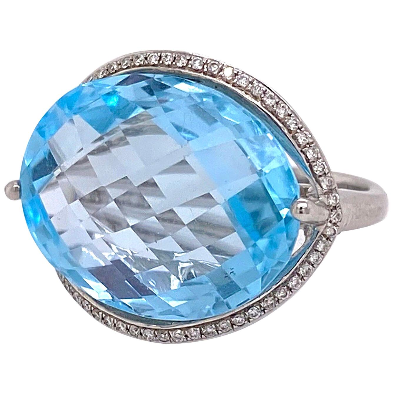 Blue Topaz Ring, with Diamonds White Gold, Genuine Checkerboard Cut Natural Gem