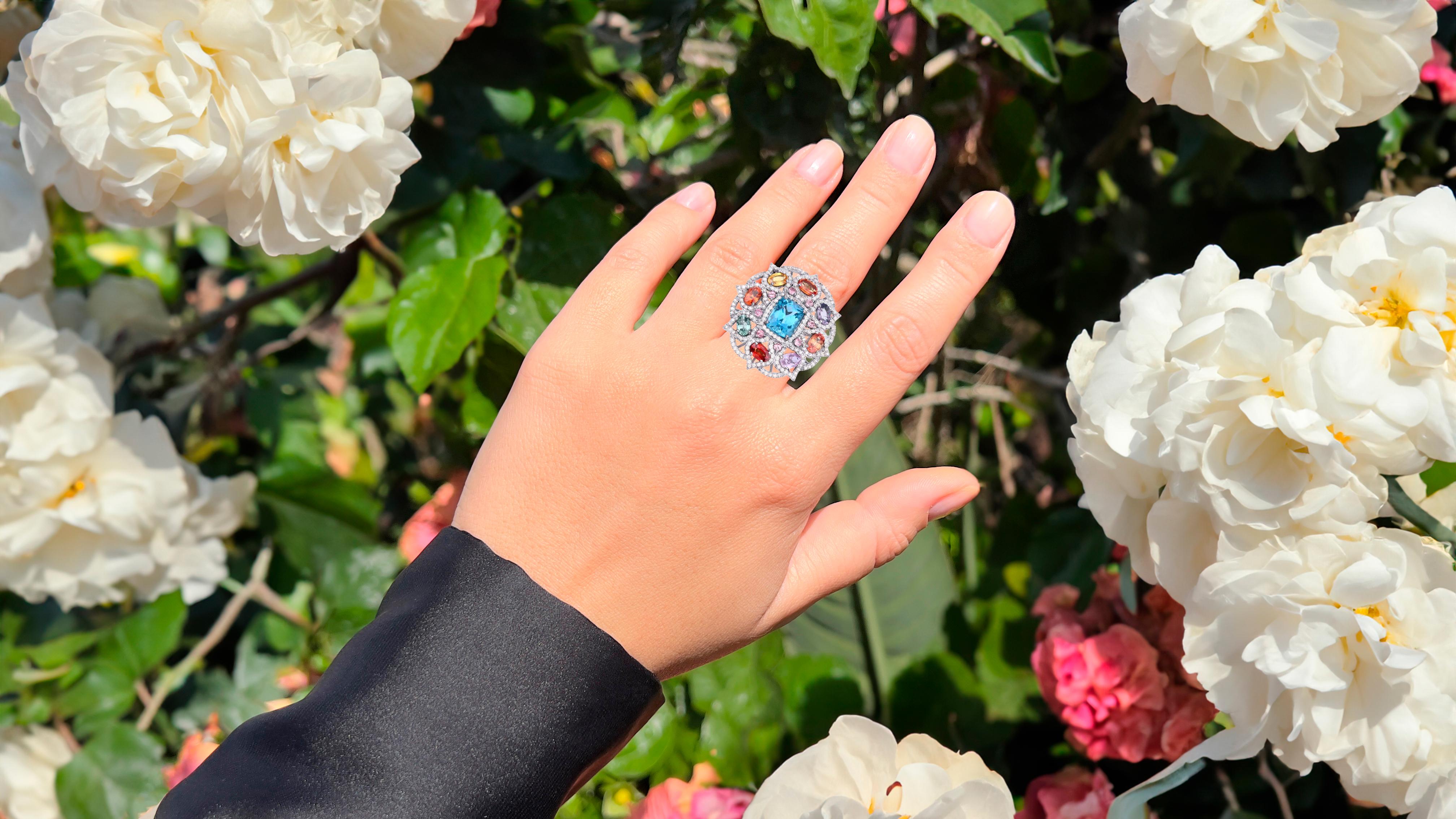 It comes with the Gemological Appraisal by GIA GG/AJP
All Gemstones are Natural
Blue Topaz = 4.45 Carat
8 Pink Tourmalines = 0.30 Carats
8 Multicolored Sapphires = 4.90 Carats
210 Diamonds = 1.53 Carats
Metal: Black Rhodium Plated Sterling