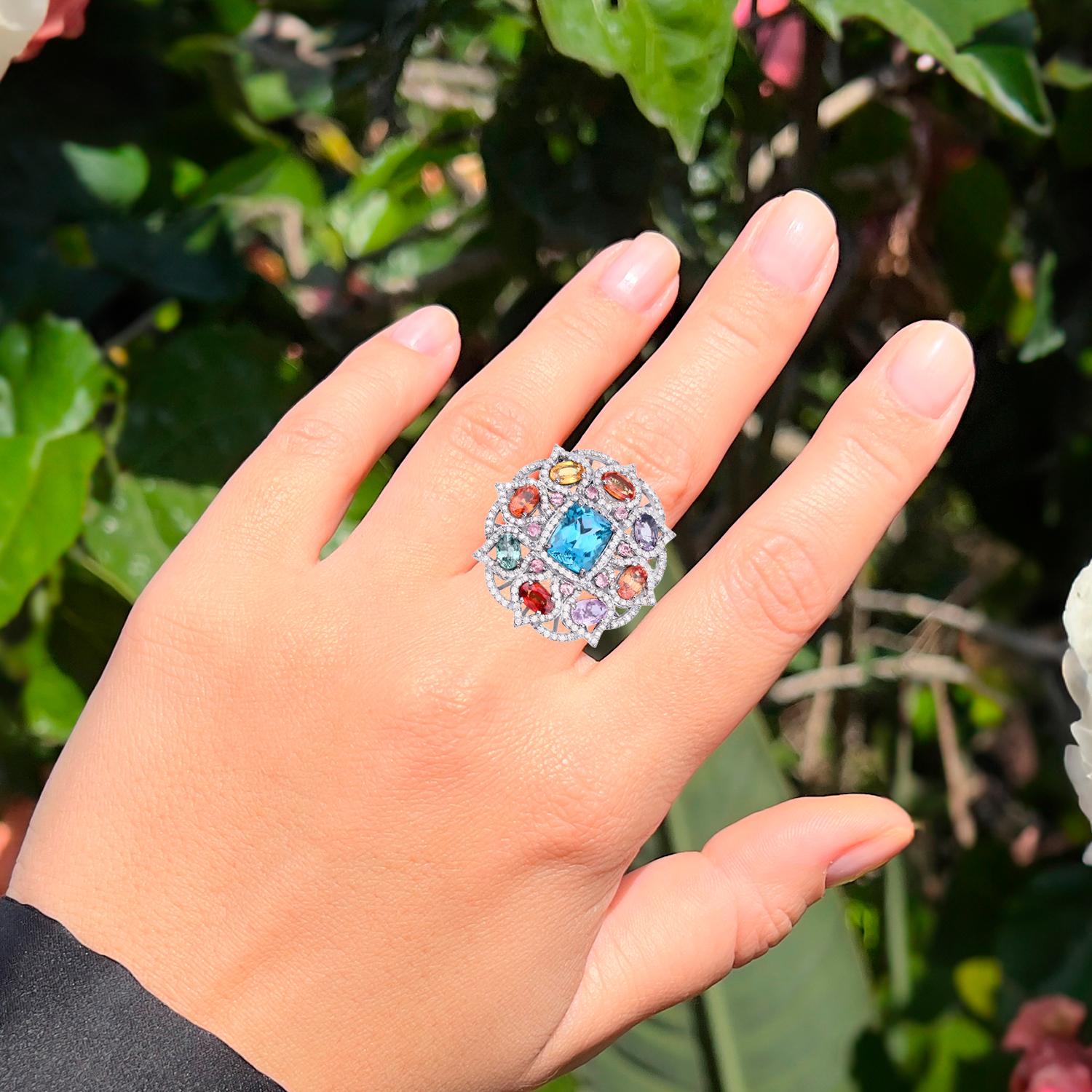 Art Deco Blue Topaz Ring With Multicolored Sapphires Tourmalines & Diamonds 11.18 Carats For Sale