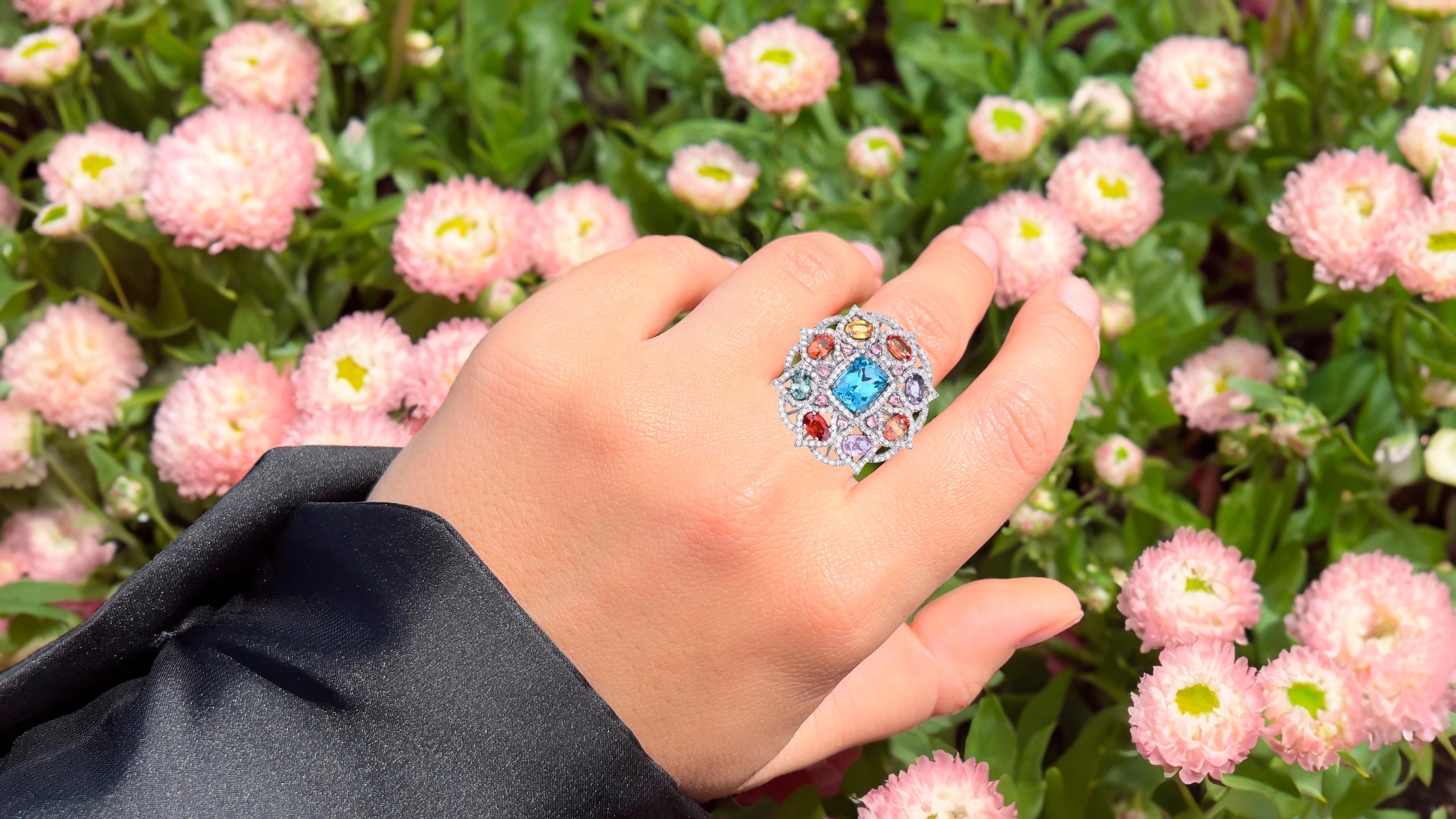 Radiant Cut Blue Topaz Ring With Multicolored Sapphires Tourmalines & Diamonds 11.18 Carats For Sale