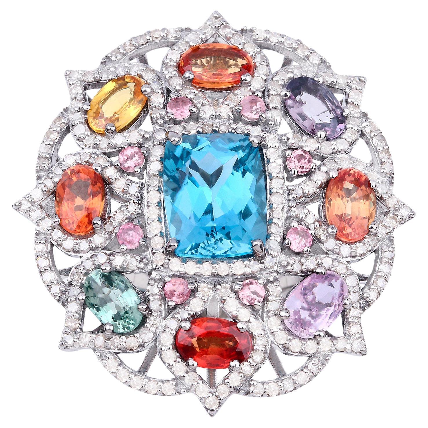 Blue Topaz Ring With Multicolored Sapphires Tourmalines & Diamonds 11.18 Carats For Sale