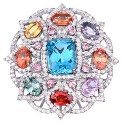 Blue Topaz Ring With Multicolored Sapphires Tourmalines & Diamonds 11.18 Carats