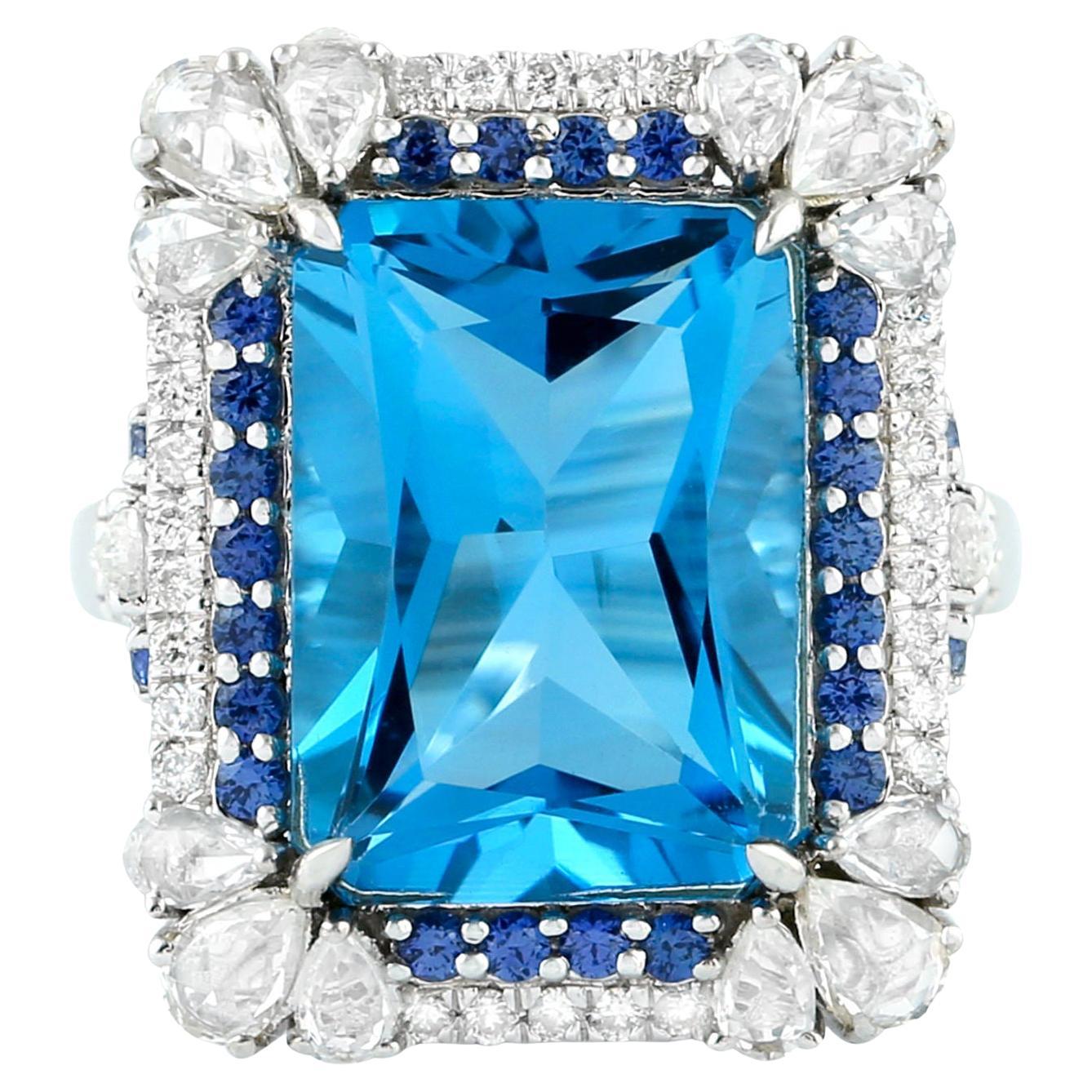 Blue Topaz Ring With Sapphires and Diamonds 13.14 Carats 18K White Gold For Sale
