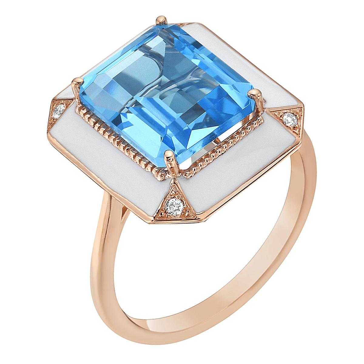 With this exquisite semi-precious blue topaz rose gold diamond ring, style and glamour are in the spotlight. This 18-karat emerald cut ring is made from 3.93 grams of gold, 1 blue topaz totaling 5.81 karats, and is surrounded by white enamel and has