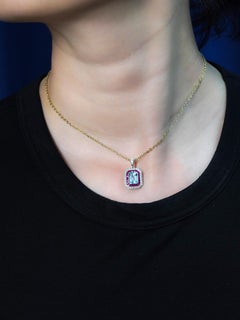 Blue Topaz Ruby and Diamond Art Deco Style Pendant in 14K White Gold