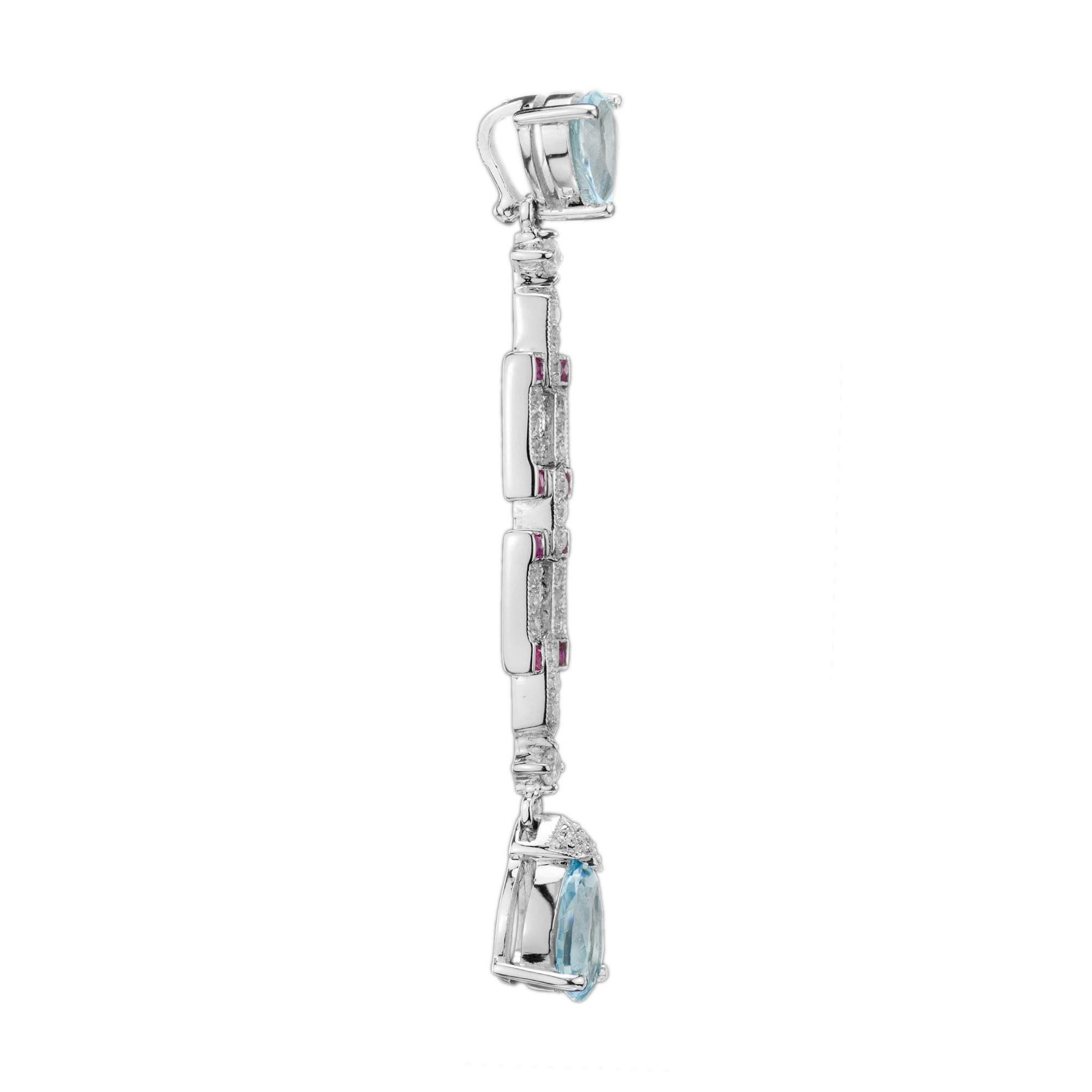 Taille poire Topaze bleue, rubis et diamant, pendentif de style Art déco en or blanc 14K en vente