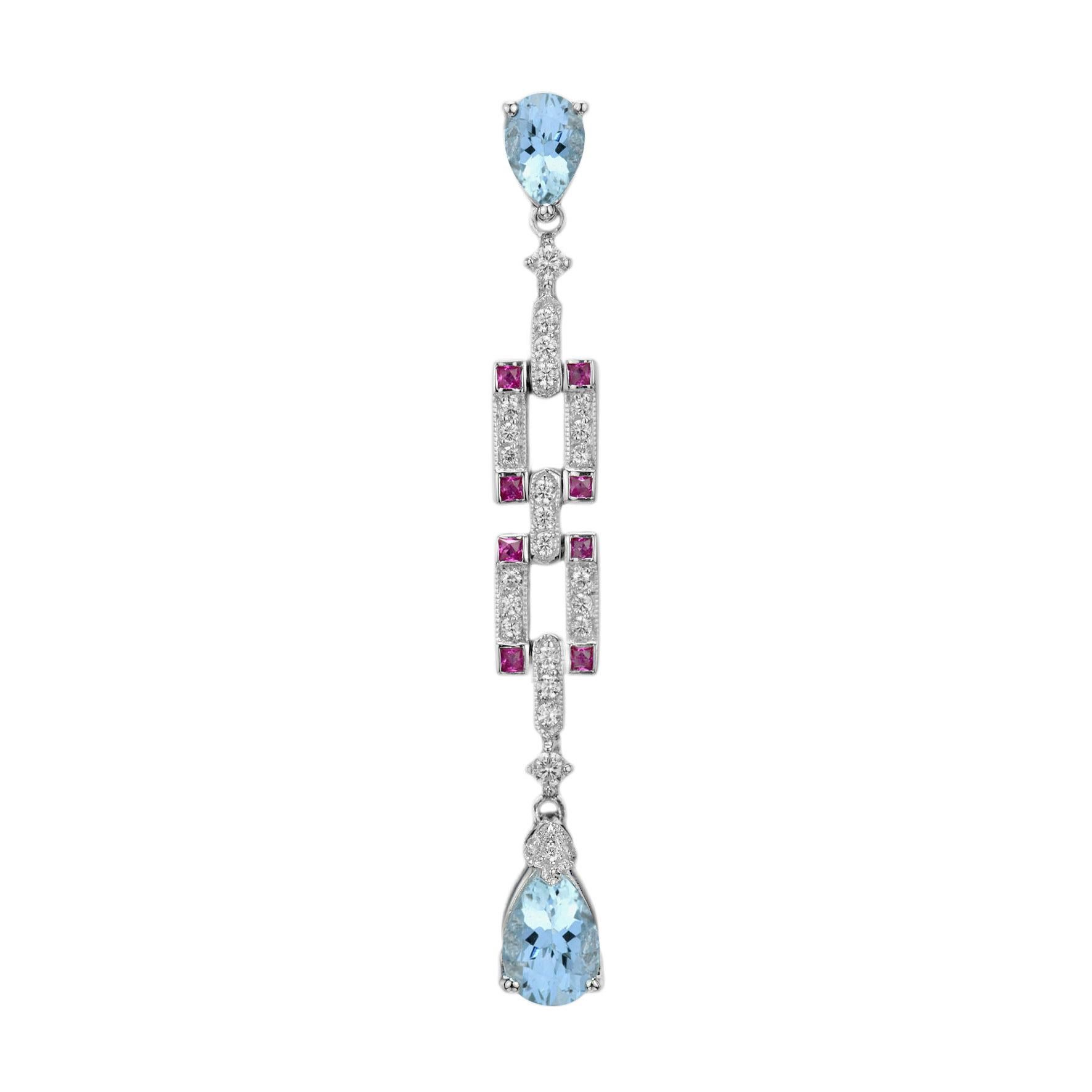 Ciondolo in oro bianco 14 carati con rubino e diamante Topazio blu e stile Art Déco