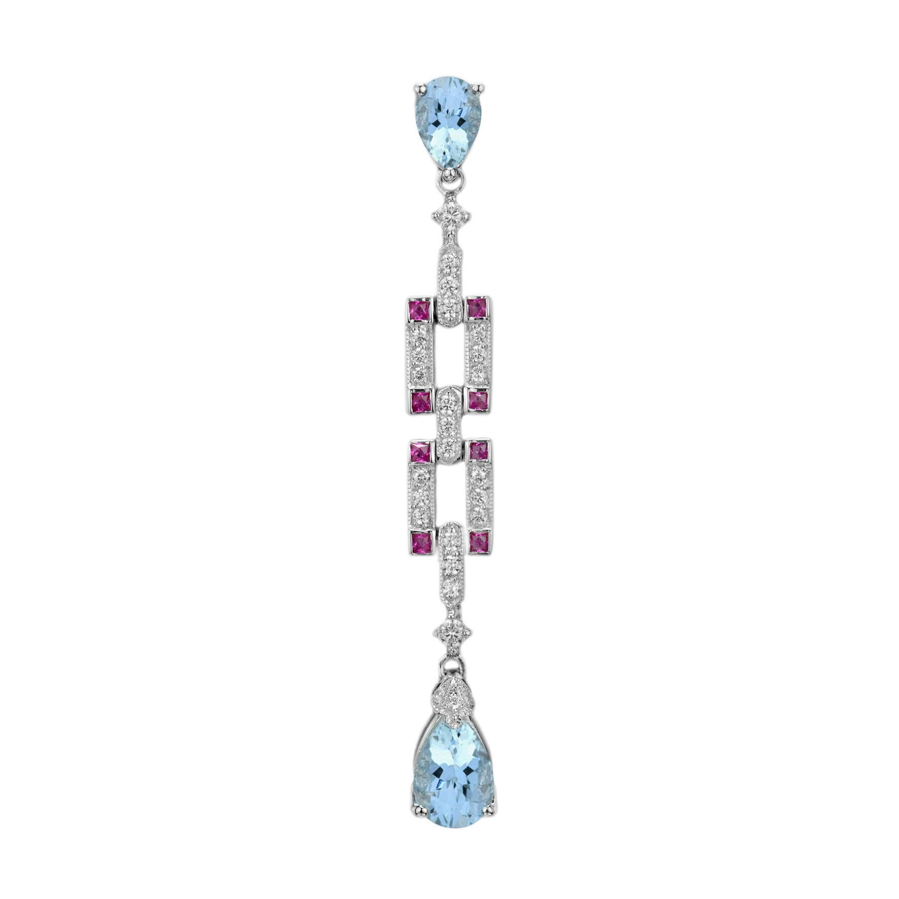 Blue Topaz Ruby and Diamond Art Deco Style Pendant in 14K White Gold