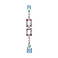 Blue Topaz Ruby and Diamond Art Deco Style Pendant in 14K White Gold