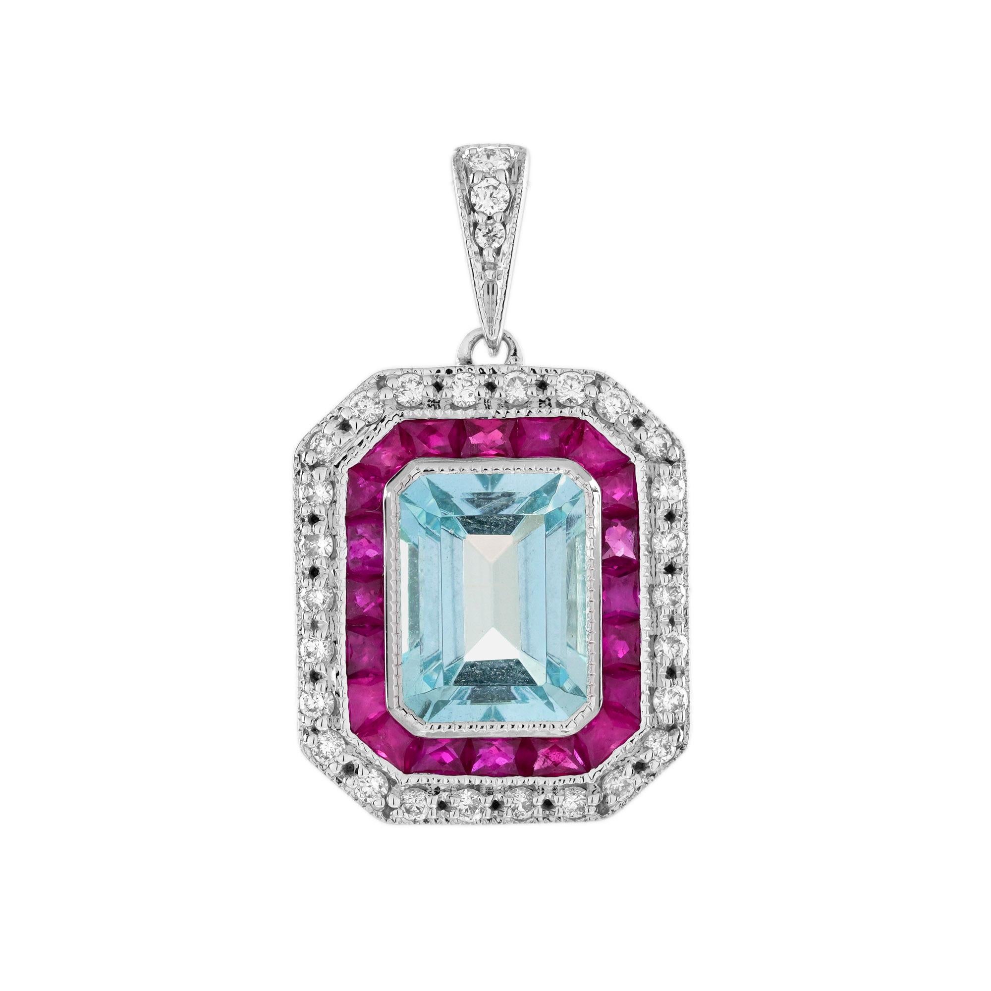 Blue Topaz Ruby and Diamond Art Deco Style Pendant in 14K White Gold en venta