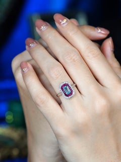Blue Topaz Ruby and Diamond Art Deco Style Target Engagement Ring in 14K Gold