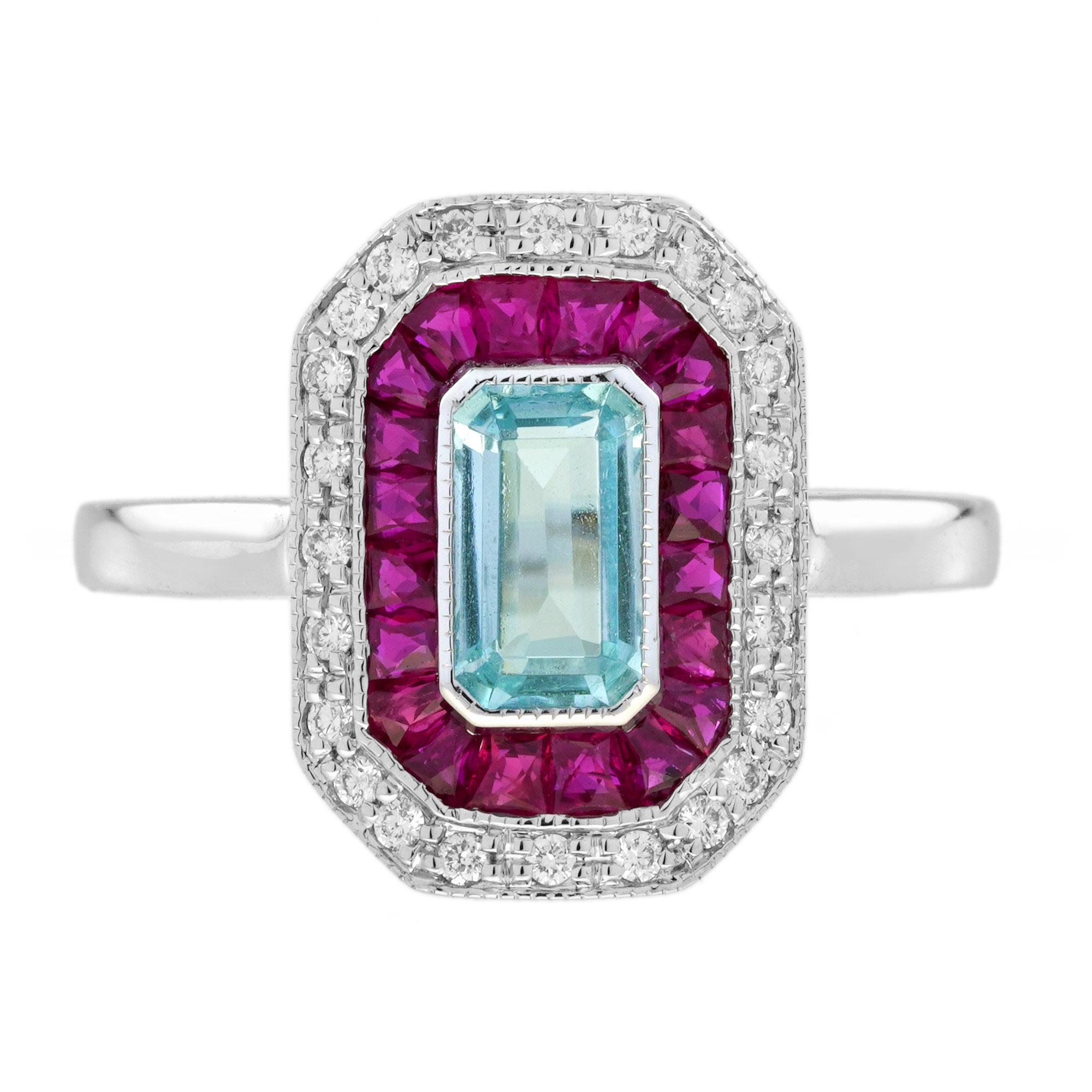 Blue Topaz Ruby and Diamond Art Deco Style Target Engagement Ring in 14K Gold For Sale
