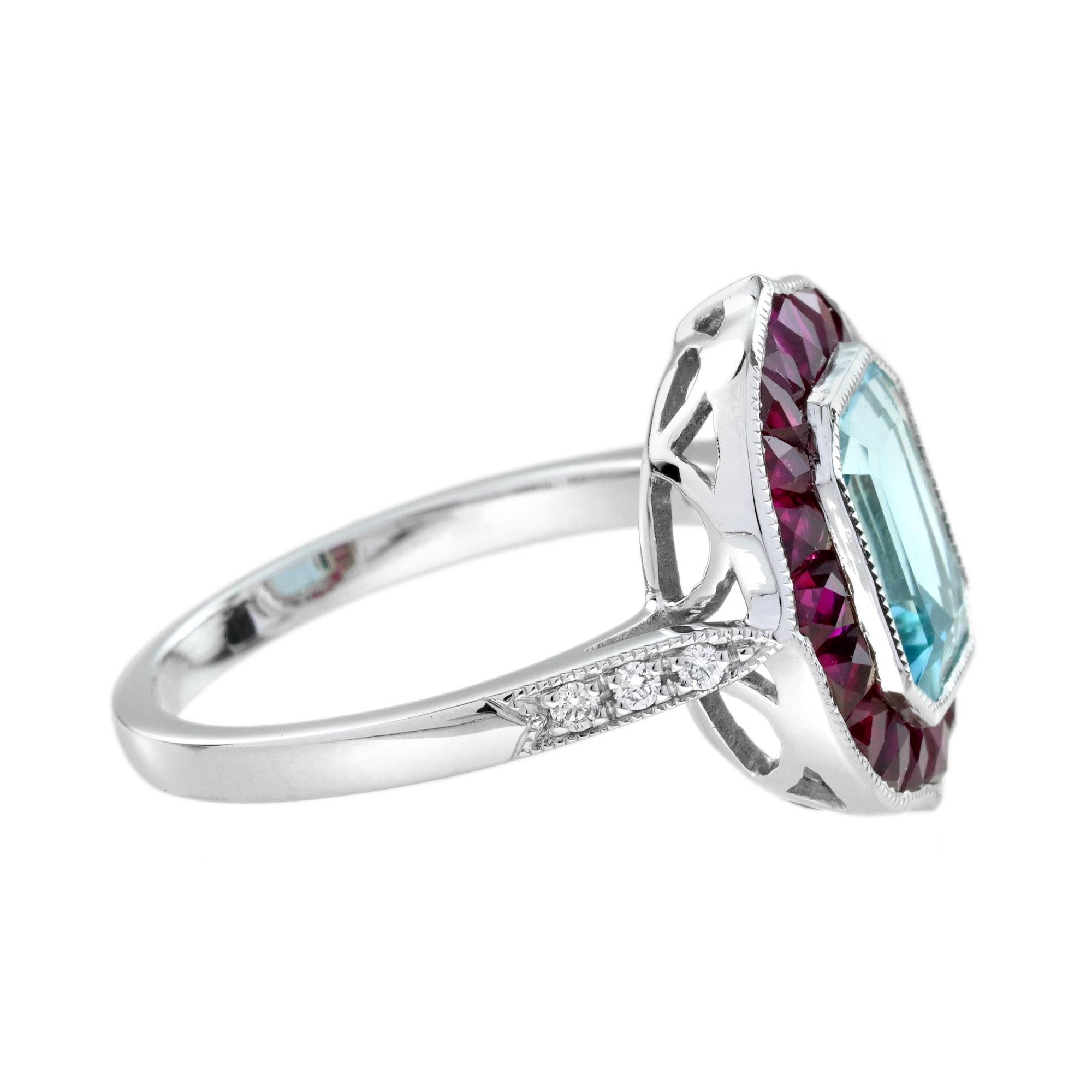 Taille émeraude Topaze bleue, rubis et diamant, bague cible de style Art déco en or blanc 14 carats en vente