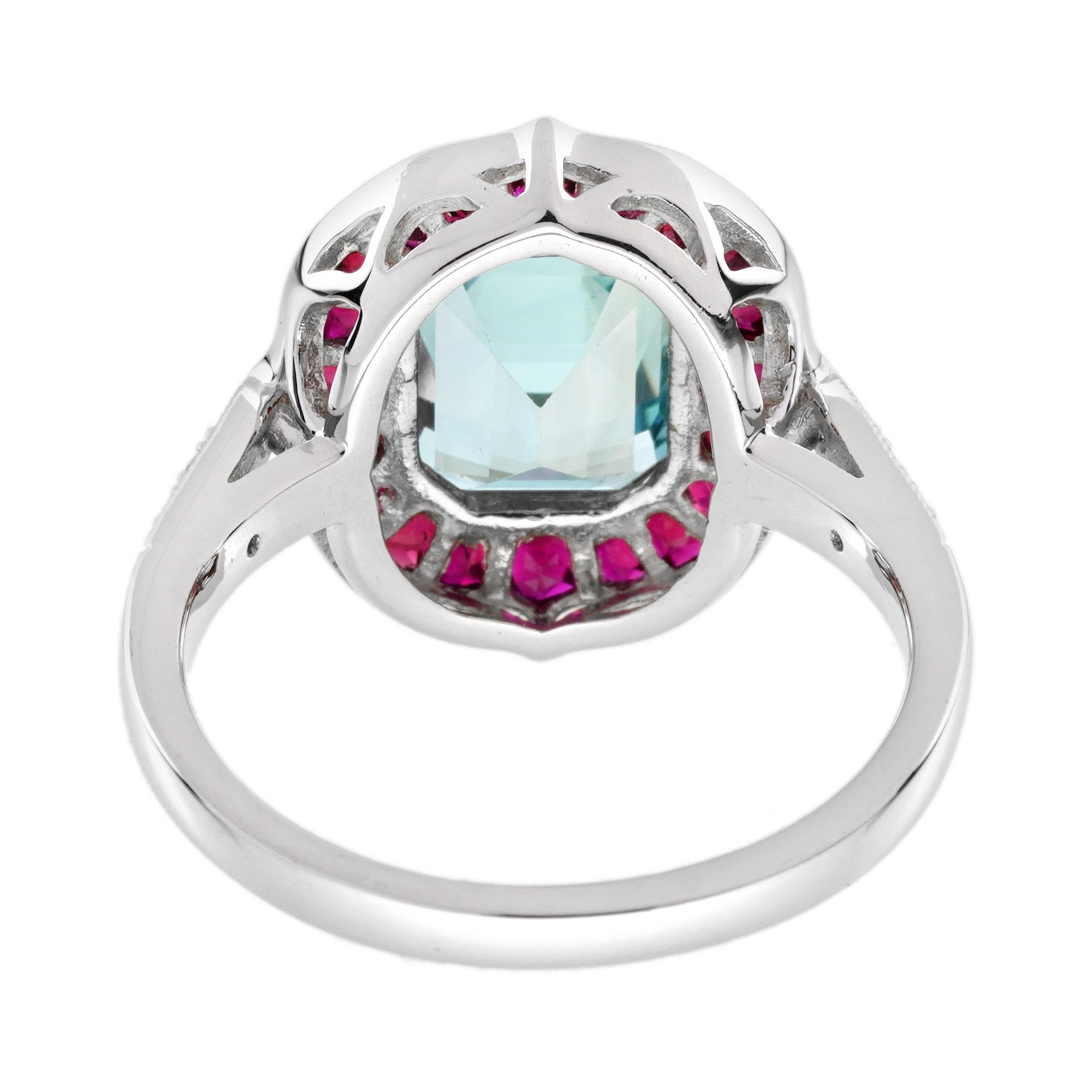 Topaze bleue, rubis et diamant, bague cible de style Art déco en or blanc 14 carats Neuf - En vente à Bangkok, TH