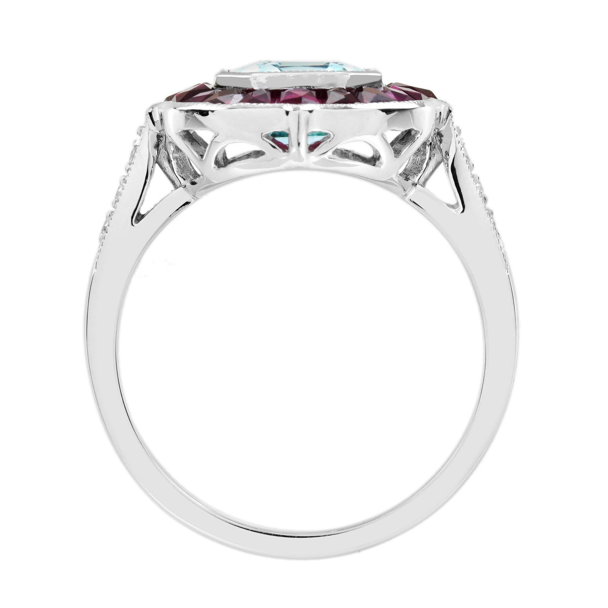 Topaze bleue, rubis et diamant, bague cible de style Art déco en or blanc 14 carats Pour femmes en vente