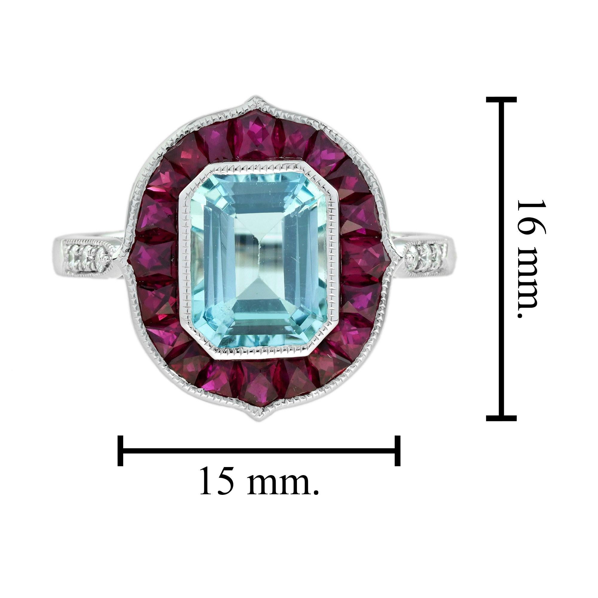 Topaze bleue, rubis et diamant, bague cible de style Art déco en or blanc 14 carats en vente 1