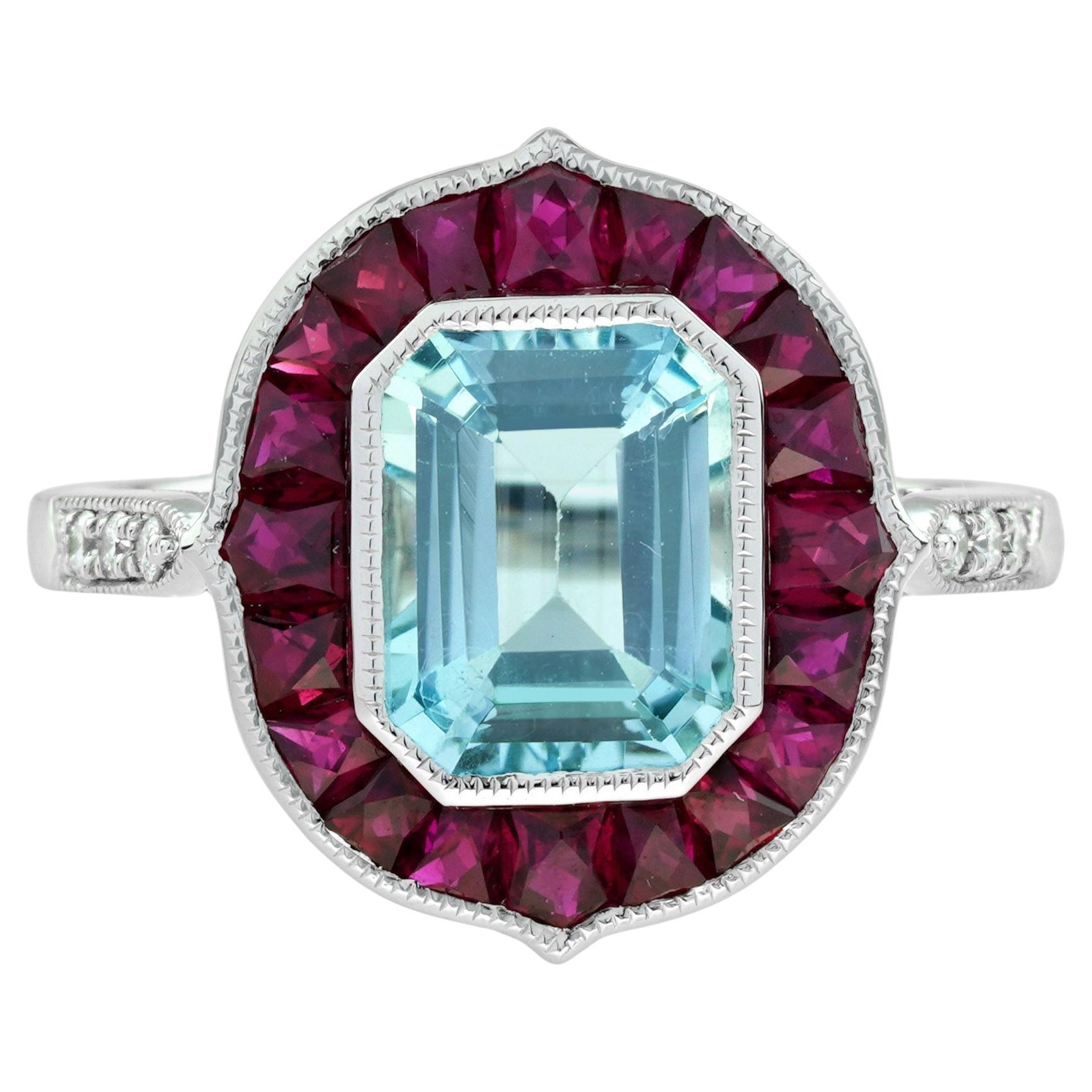 Anello Target in stile Art Deco con rubino topazio blu e diamanti in oro bianco 14 carati