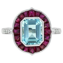 Blue Topaz Ruby and Diamond Art Deco Style Target Ring in 14K White Gold