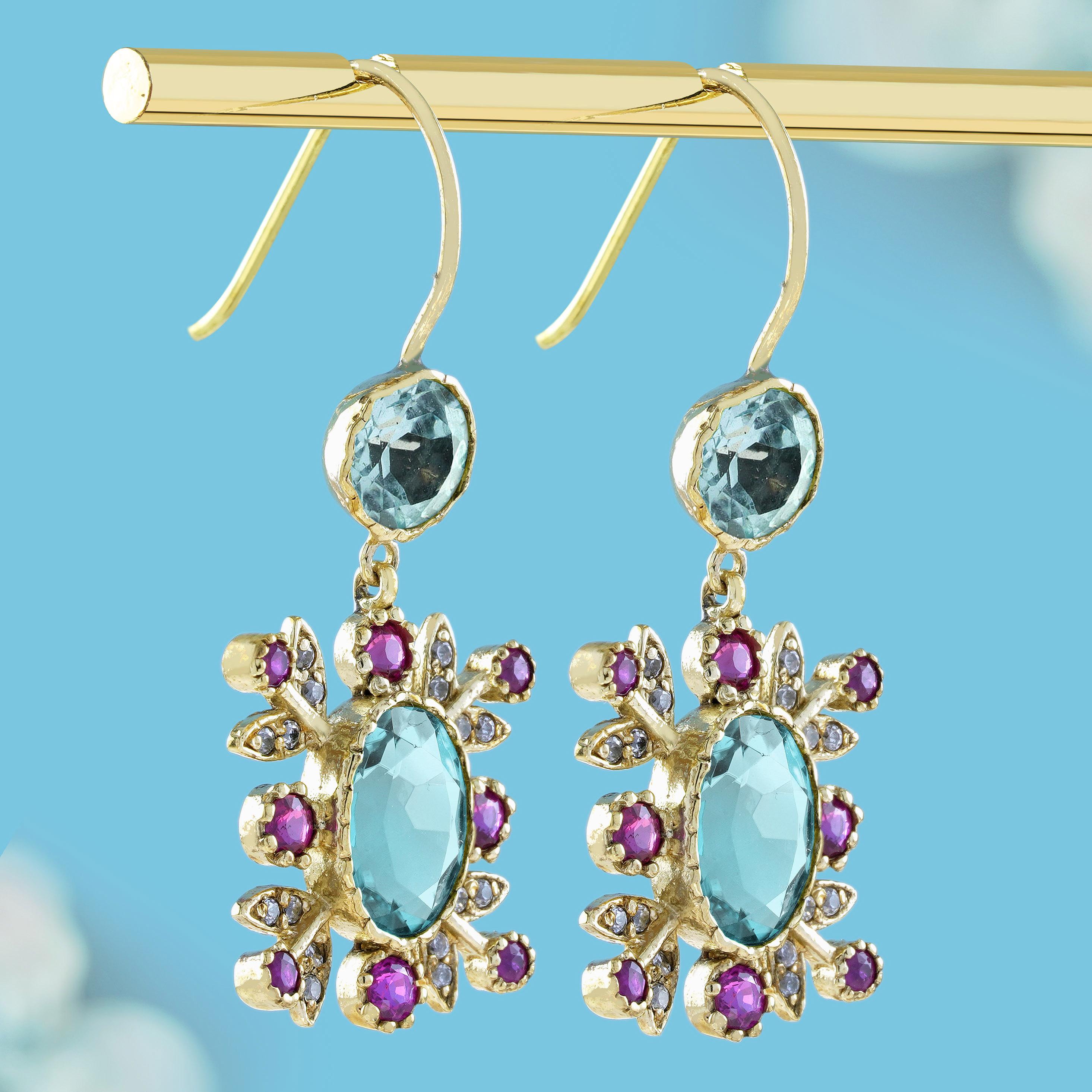 Vintage-Blumen-Ohrringe aus 14 Karat Gold mit blauem Topas, Rubin und Diamant im Vintage-Stil (Edwardian) im Angebot