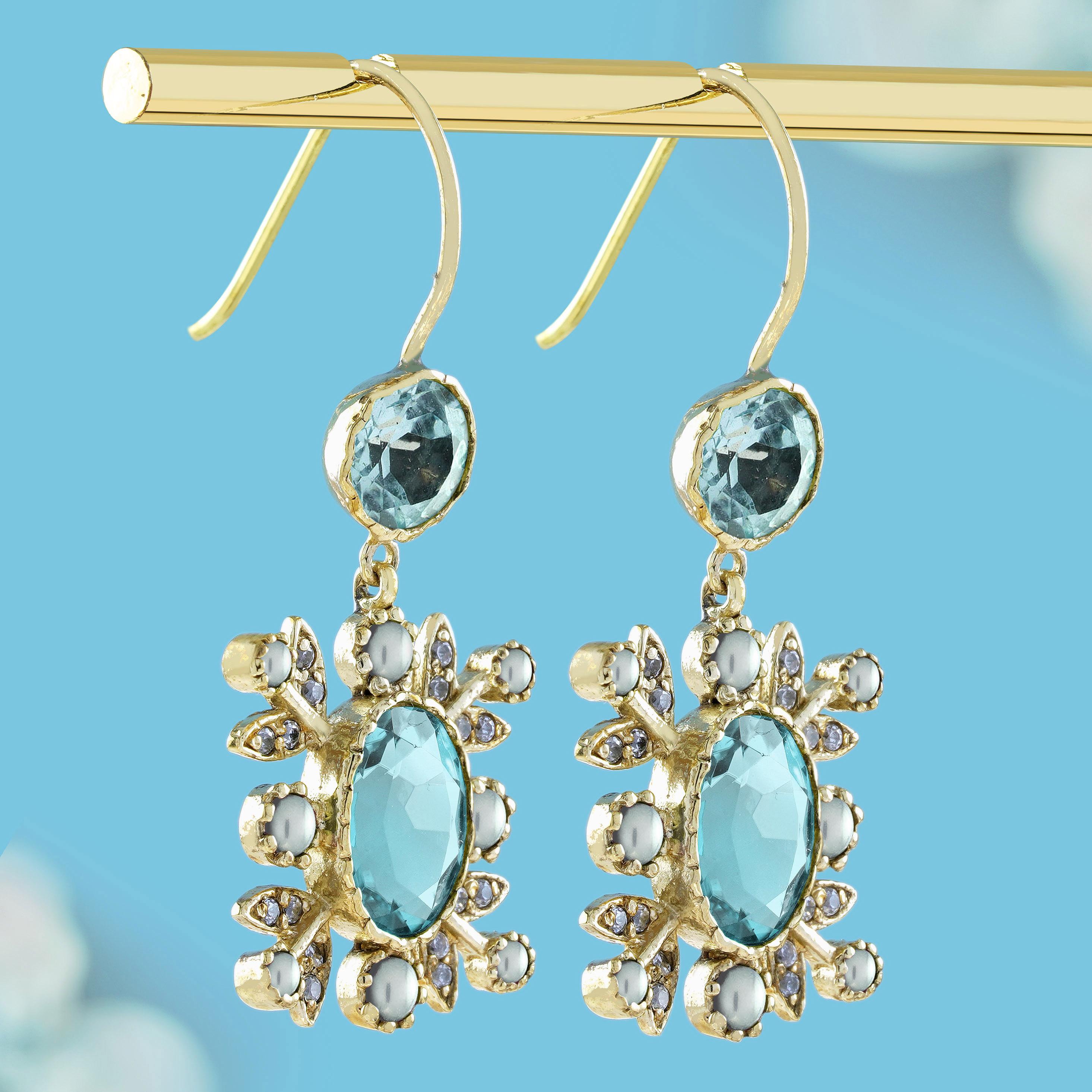 Blauer Topas Perle und Diamant Vintage-Tropfen-Ohrringe im Vintage-Stil aus massivem 9K Gold (Edwardian) im Angebot