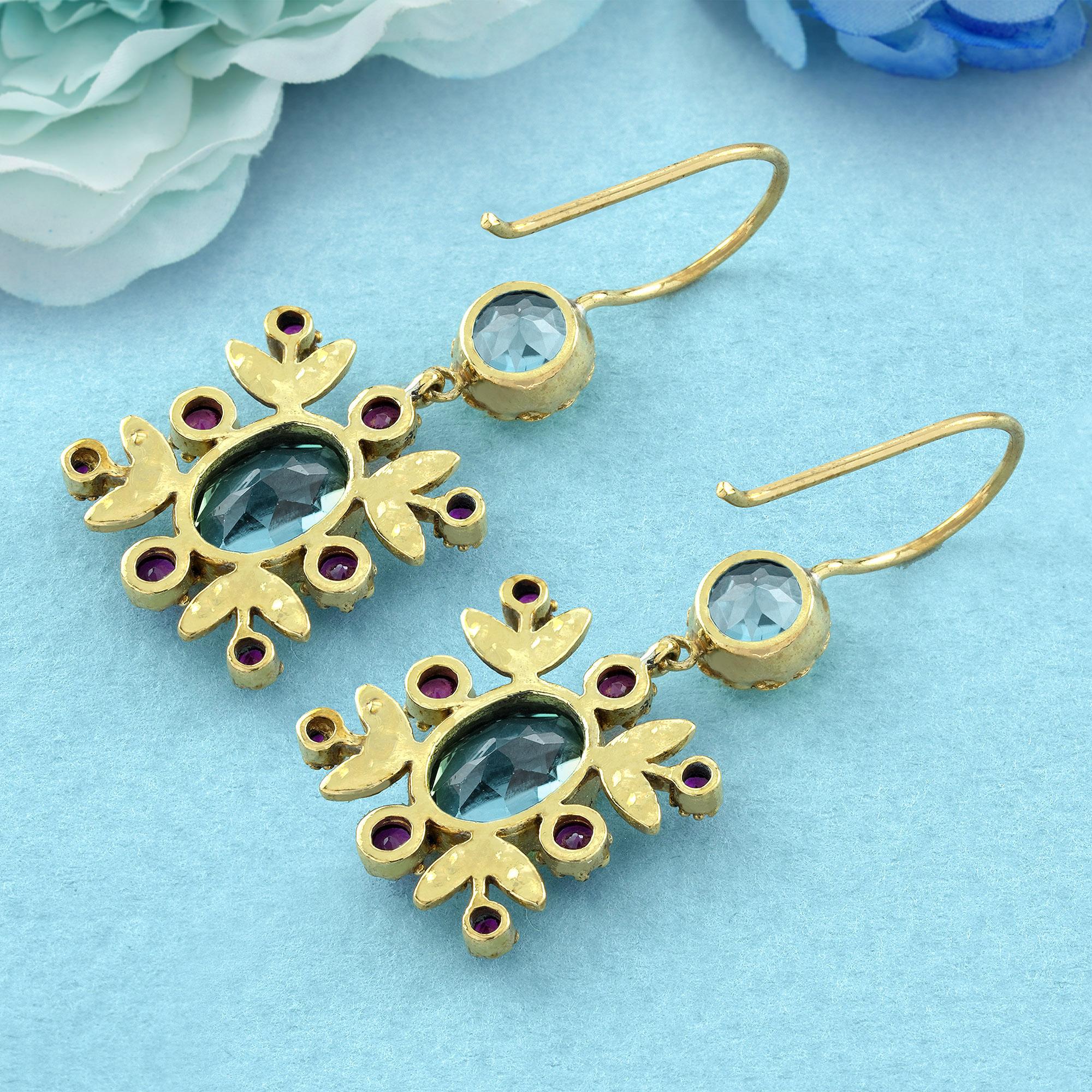 Vintage-Blumen-Ohrringe aus 14 Karat Gold mit blauem Topas, Rubin und Diamant im Vintage-Stil (Rundschliff) im Angebot