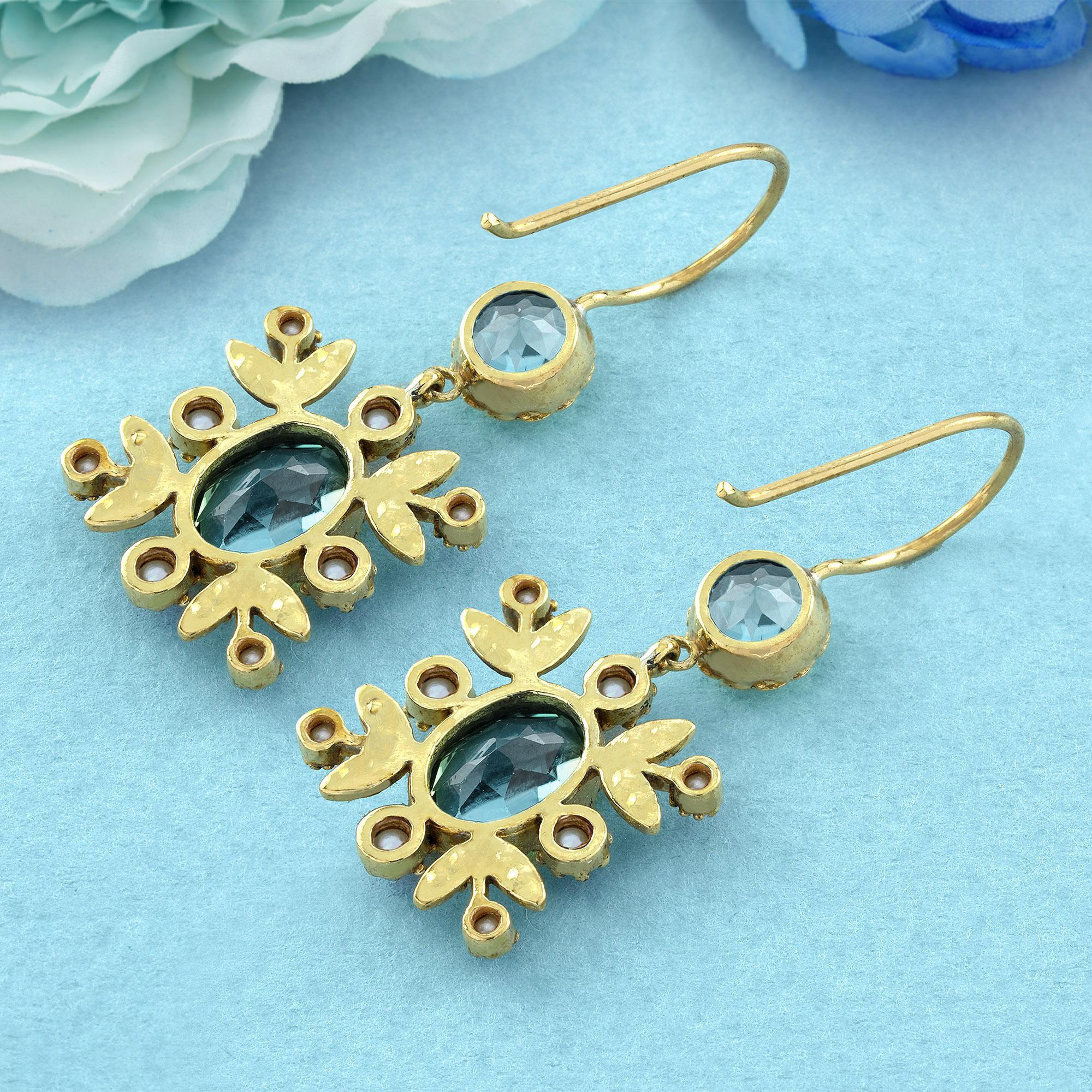 Blauer Topas Perle und Diamant Vintage-Tropfen-Ohrringe im Vintage-Stil aus massivem 9K Gold (Rundschliff) im Angebot