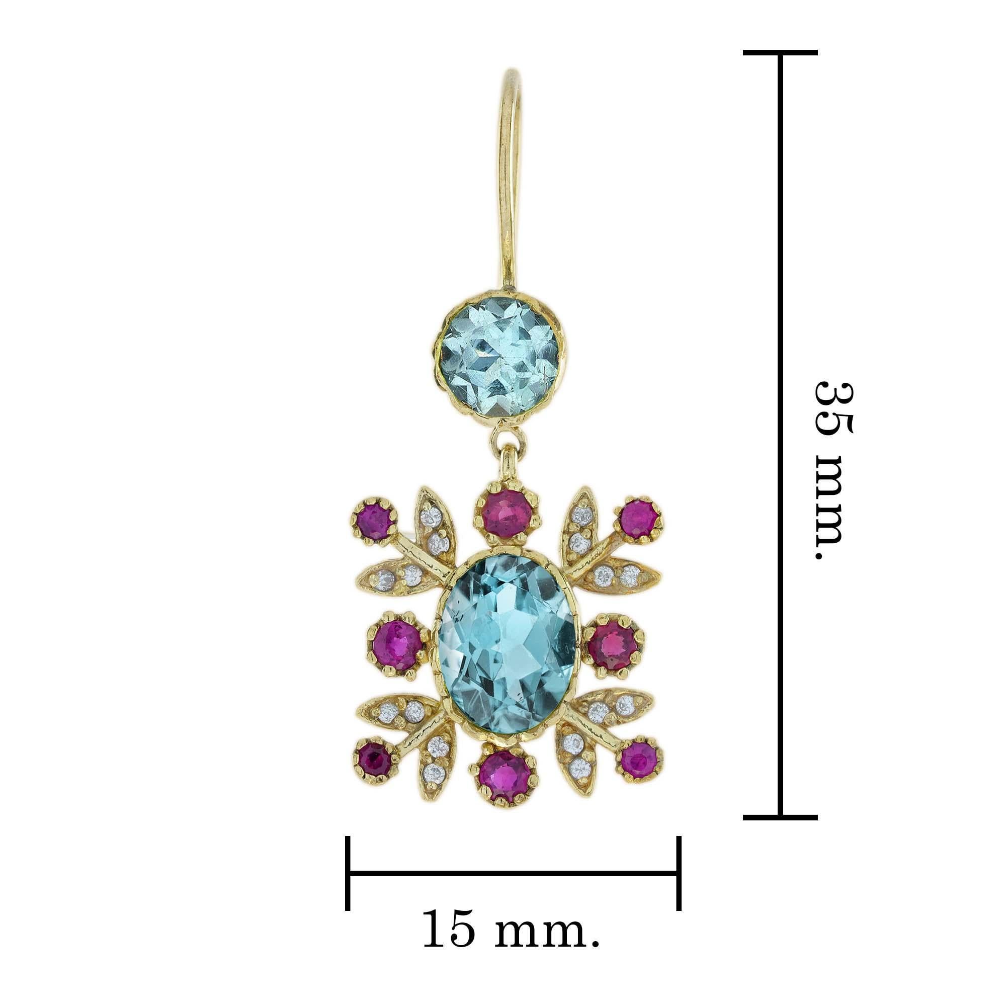Vintage-Blumen-Ohrringe aus 14 Karat Gold mit blauem Topas, Rubin und Diamant im Vintage-Stil im Zustand „Neu“ im Angebot in Bangkok, TH