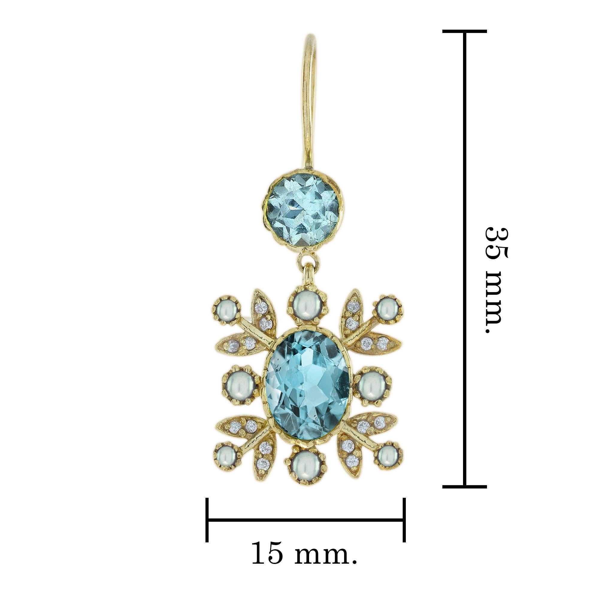 Blauer Topas Perle und Diamant Vintage-Tropfen-Ohrringe im Vintage-Stil aus massivem 9K Gold im Zustand „Neu“ im Angebot in Bangkok, TH