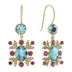 Vintage-Blumen-Ohrringe aus 14 Karat Gold mit blauem Topas, Rubin und Diamant im Vintage-Stil