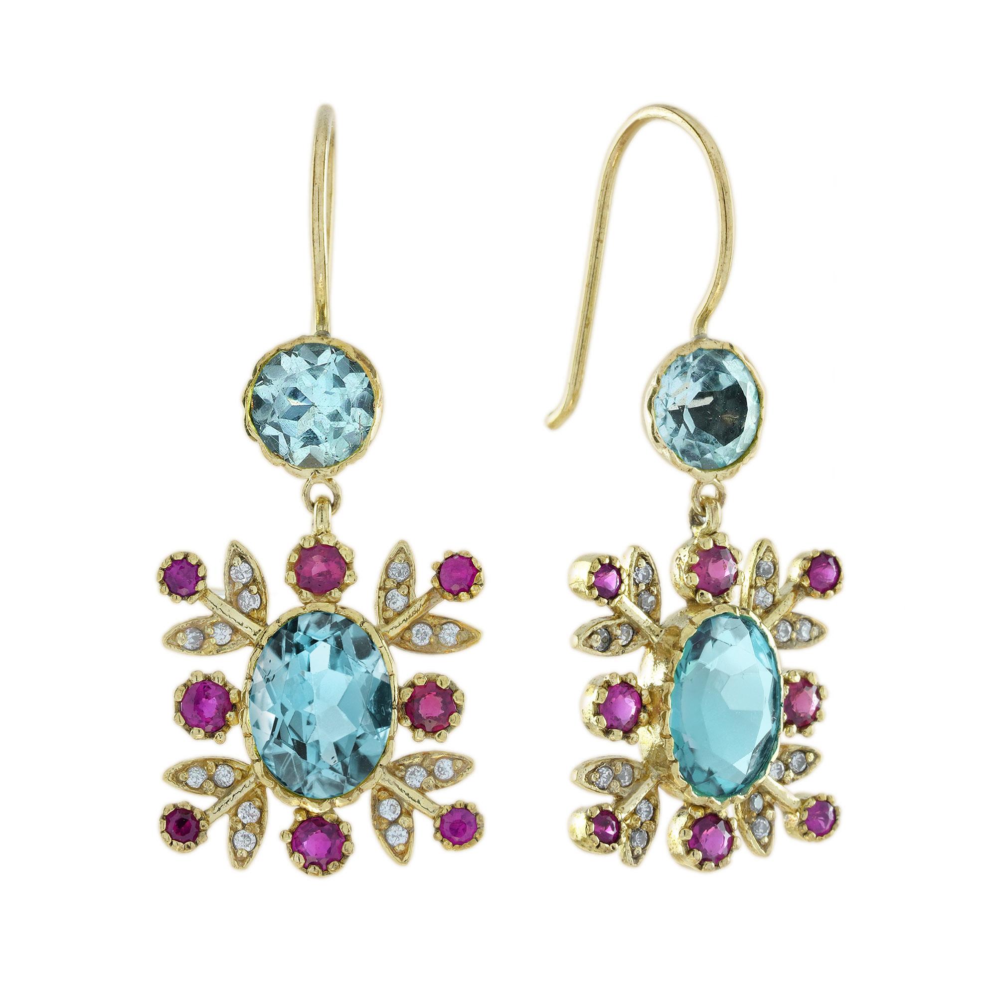 Blue Topaz Ruby and Diamond Vintage Style Floral Dangle Earrings in 14K Gold