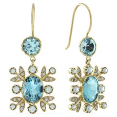 Boucles d'oreilles pendantes florales de style vintage en or massif 9K avec topaze bleue, perle et diamant