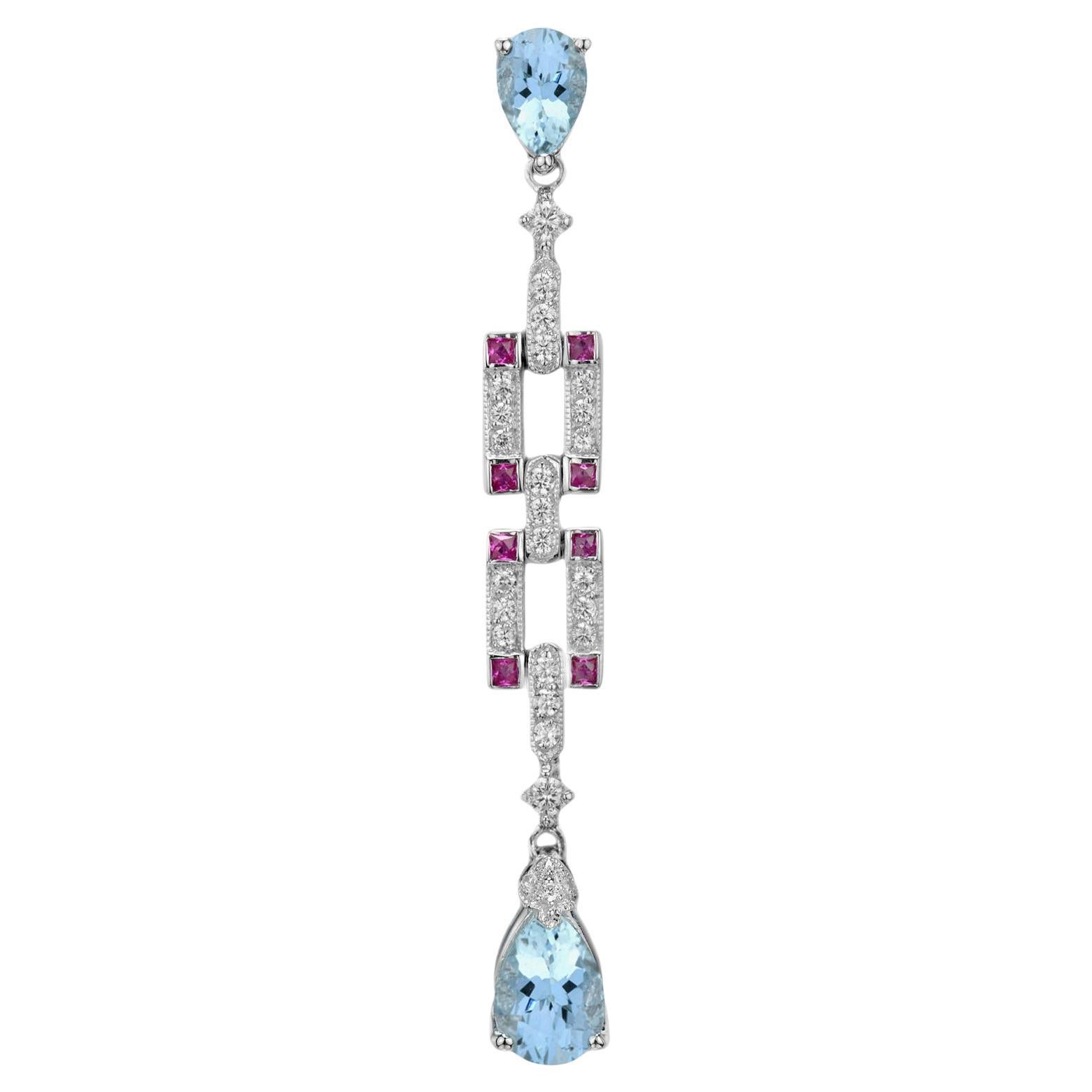 Ciondolo in oro bianco in stile Art Deco con diamante e topazio blu e rubino in vendita
