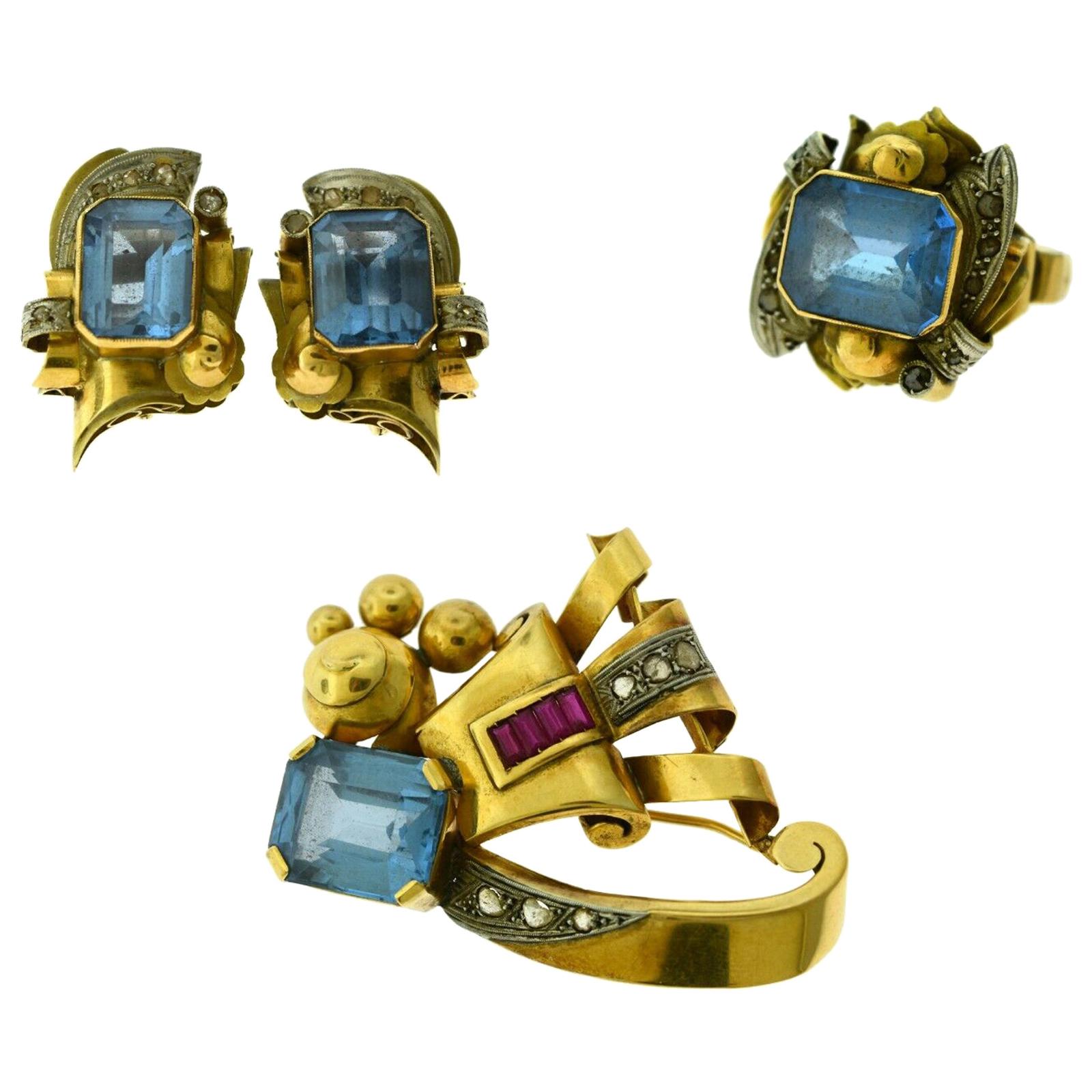 Blue Topaz, Ruby, Diamond Estate 18k Yellow Gold Brooch, Earring, and Ring Set For Sale