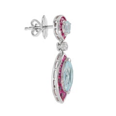 Blauer Topas Rubin & Diamant Marquise Form Tropfen 14K Weißgold Einzigartige Ohrringe