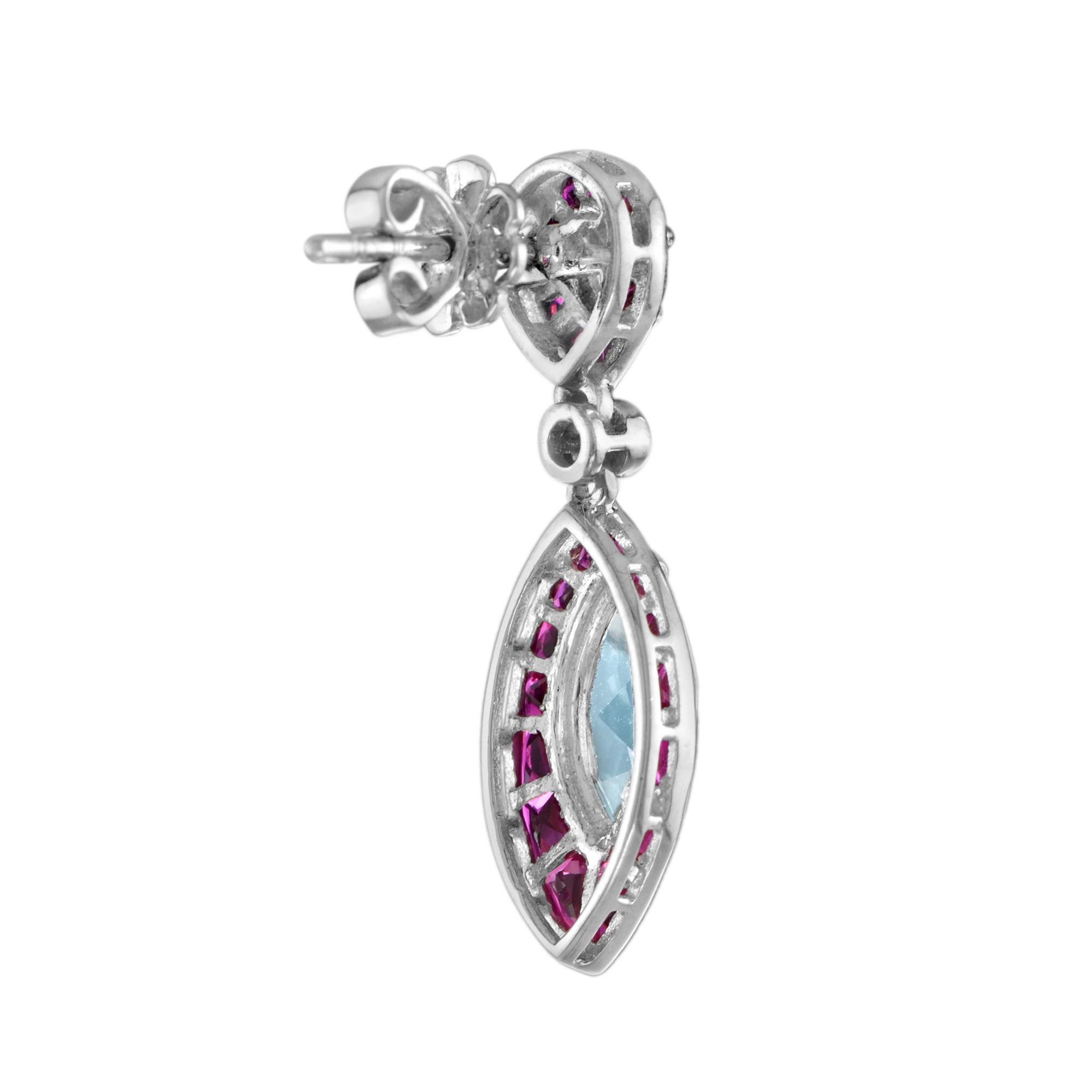 Blauer Topas Rubin & Diamant Marquise Form Tropfen 14K Weißgold Einzigartige Ohrringe (Art déco) im Angebot