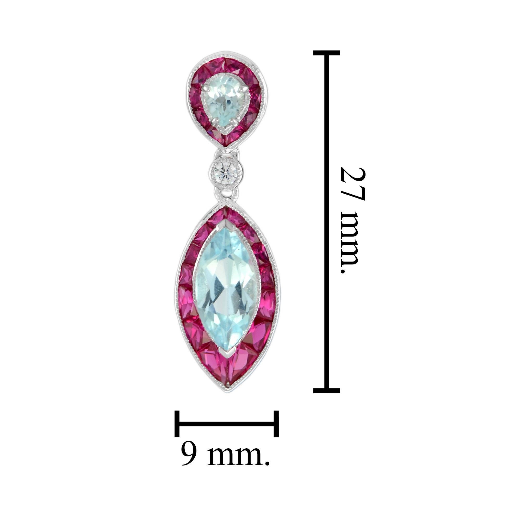 Blauer Topas Rubin & Diamant Marquise Form Tropfen 14K Weißgold Einzigartige Ohrringe (Hexagonschliff) im Angebot