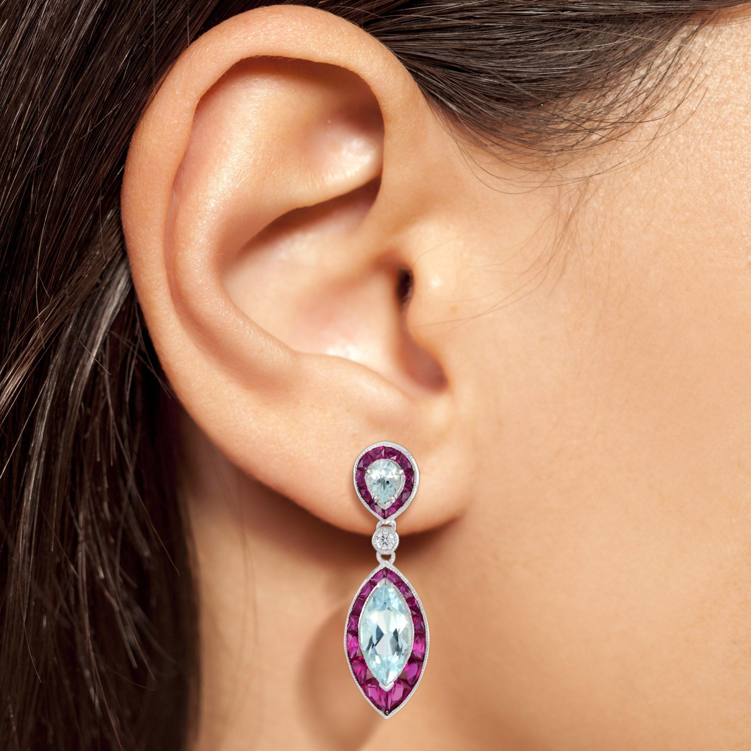 Blauer Topas Rubin & Diamant Marquise Form Tropfen 14K Weißgold Einzigartige Ohrringe im Zustand „Neu“ im Angebot in Oakton, VA
